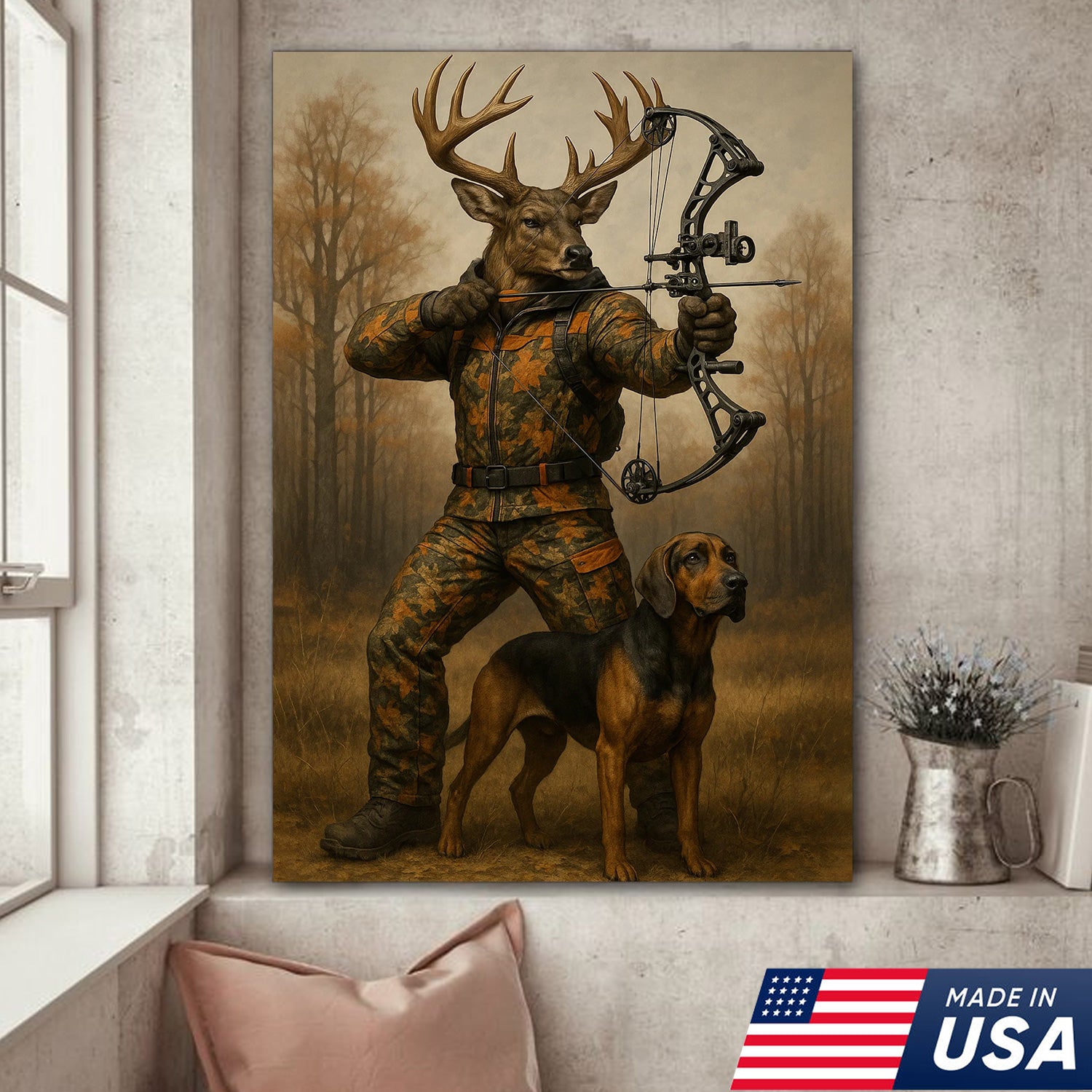 Whitetail Buck Bowhunter Canvas Wall Art – Deer Archer in Camo with Hound Dog – Archery Hunting Decor