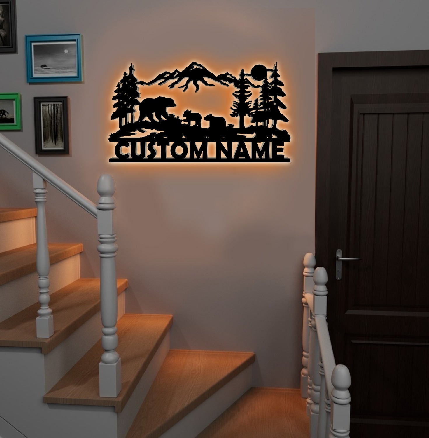 Personalized Bear Family Metal Sign WITH LED/WITHOUT LED - Mountain Cabin Name Sign, Rustic Wildlife Wall Art for Lodge & Outdoor Decor
