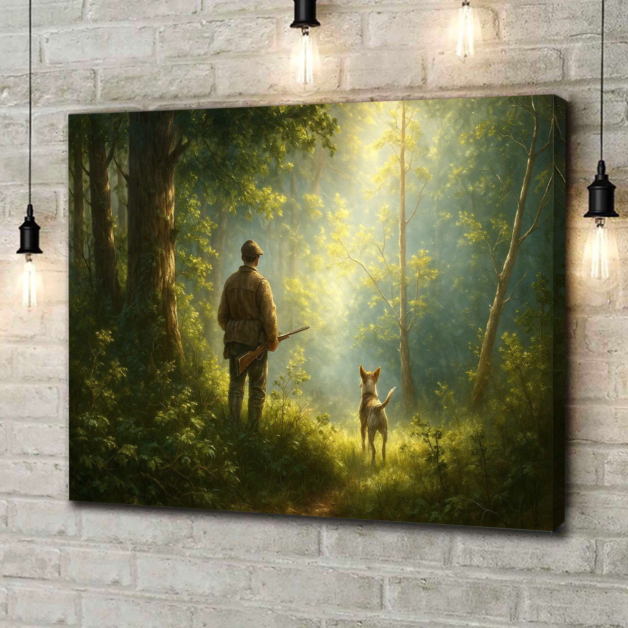 Hunting Canvas Wall Art – Hunter and Dog in Sunlit Forest – Rustic Cabin Decor for Wildlife and Outdoor Enthusiasts