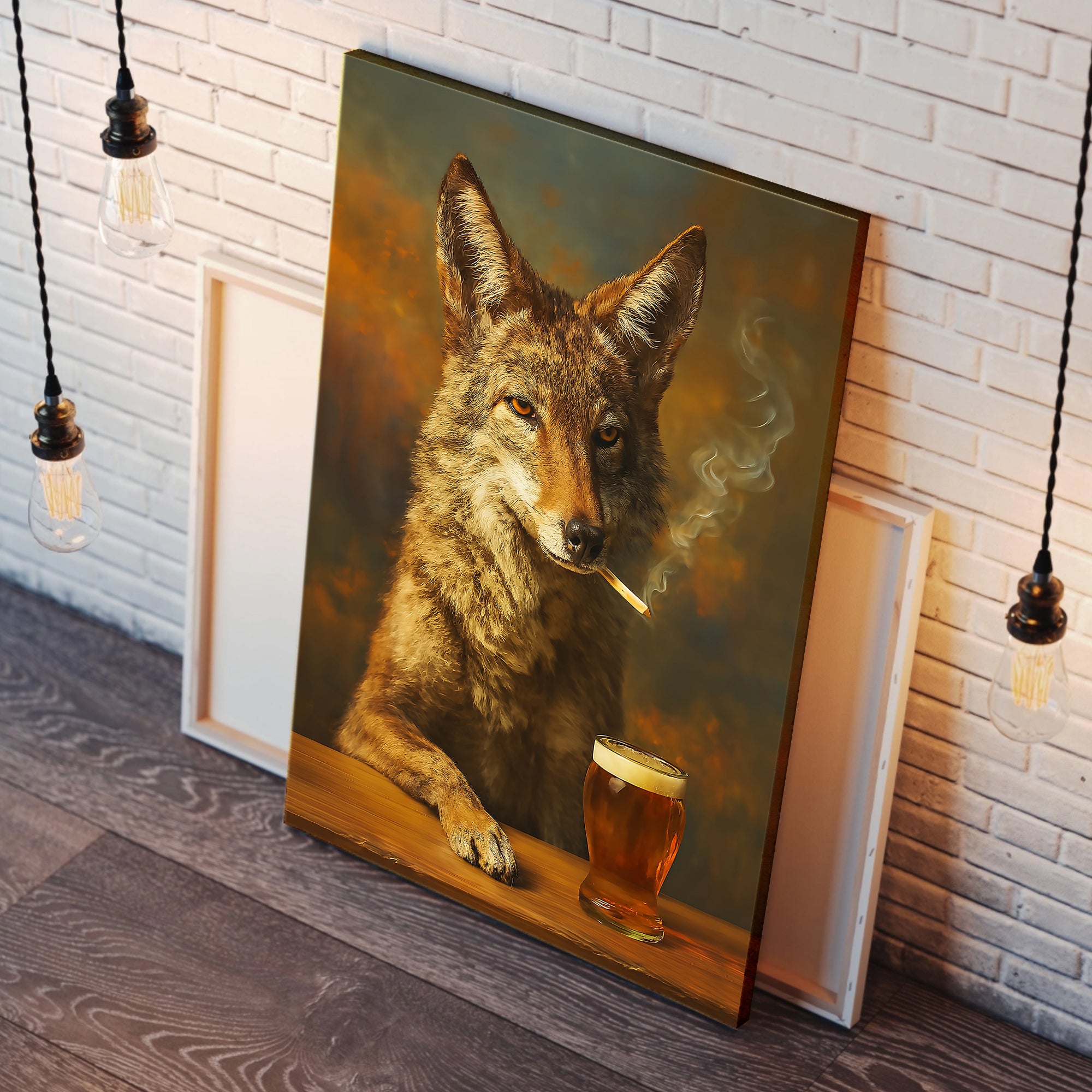 Smoking Wolf Coyote with Cocktail Glasses Canvas – Funny Hunting Wall Art for Man Caves - Hilarious Gift for Outdoorsmen