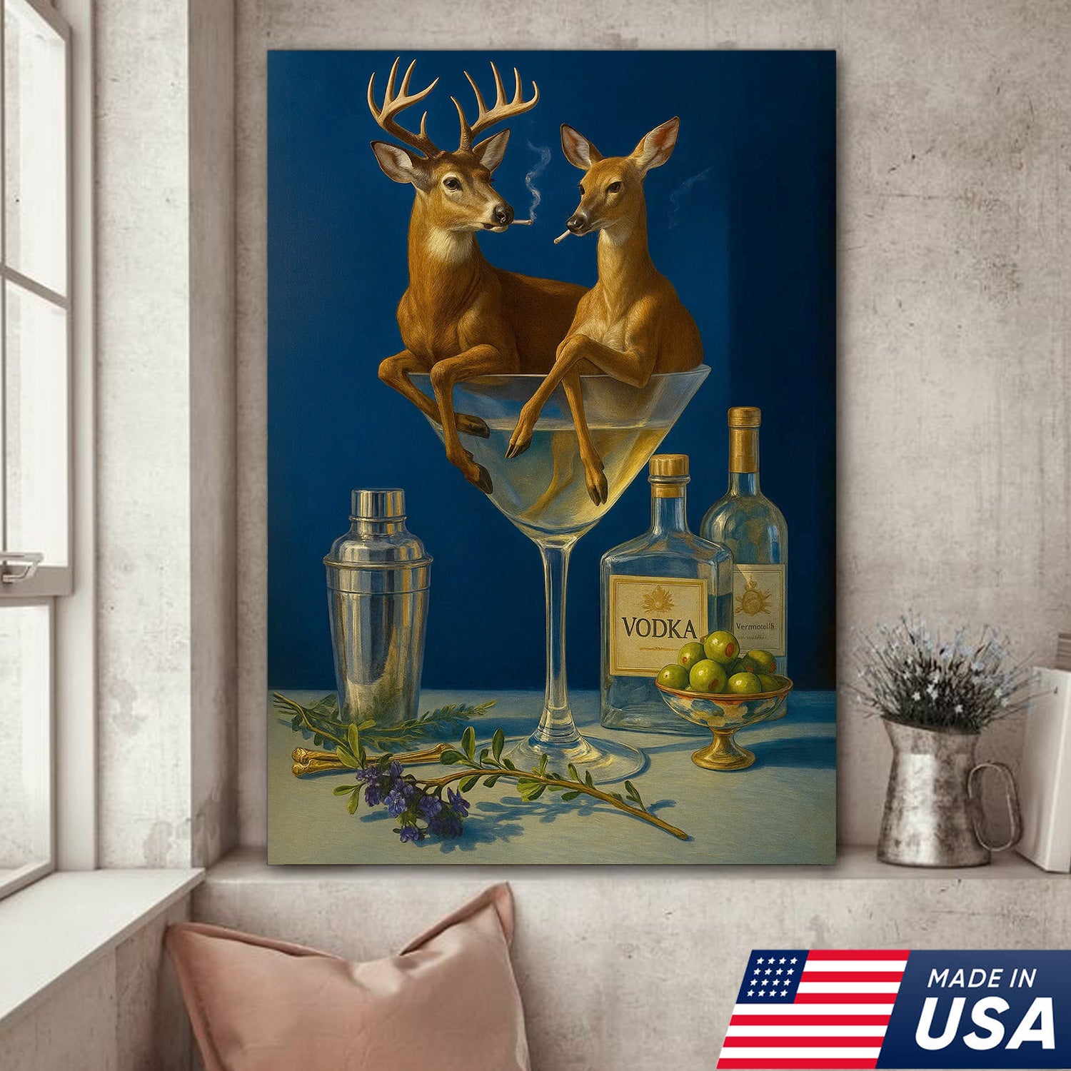 Funny Deer Couple Wall Art Canvas – Whimsical Buck and Doe in Martini Glass – Rustic Lodge Hunting Decor for Home Bar