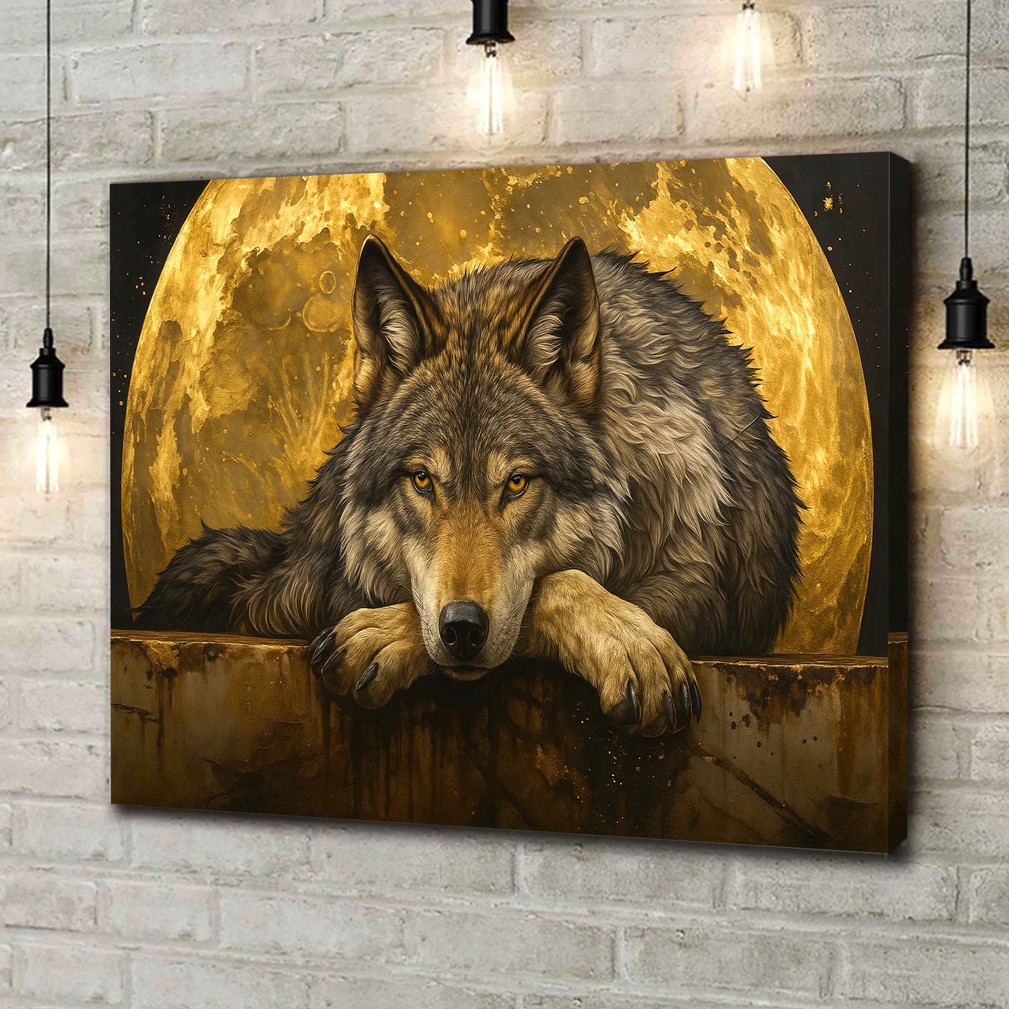 Wolf Canvas Wall Art – Majestic Wolf with Full Moon – Rustic Wildlife Decor for Cabin, Lodge, and Nature Lovers