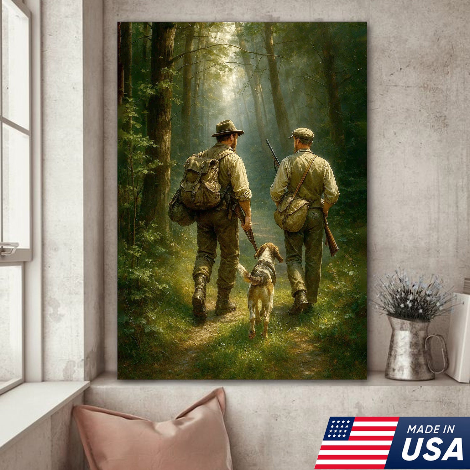 Hunting Canvas Wall Art – Hunters Walking with Dog in Forest – Rustic Cabin Decor for Lodge and Outdoor Enthusiasts