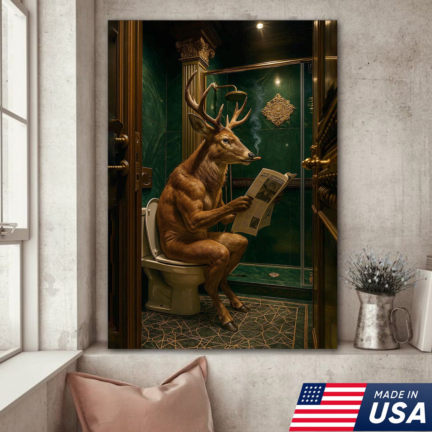 Funny Deer Canvas Wall Art - Anthropomorphic Deer Reading Newspaper in Bathroom, Surreal Animal Decor for Rustic & Modern Homes