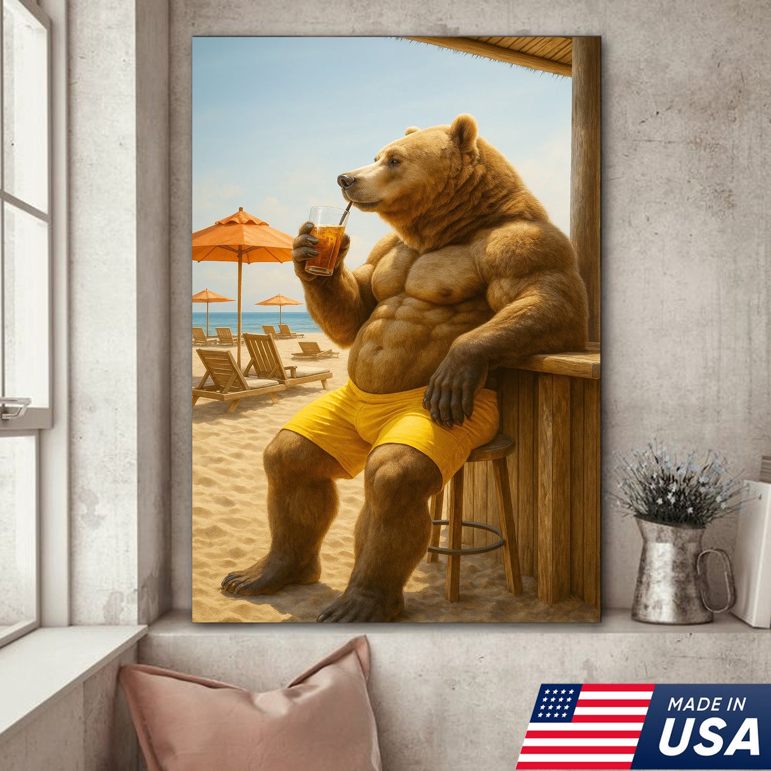 Funny Beach Bear Canvas Wall Art, Summer Vacation Animal Artwork, Humorous Muscle Bear Decor, Tropical Coastal Cabin Painting