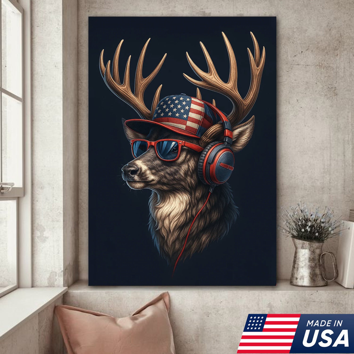 Patriotic Deer Wall Art Canvas – Cool Buck with American Flag Hat and Headphones – Rustic Hunting Lodge Decor USA