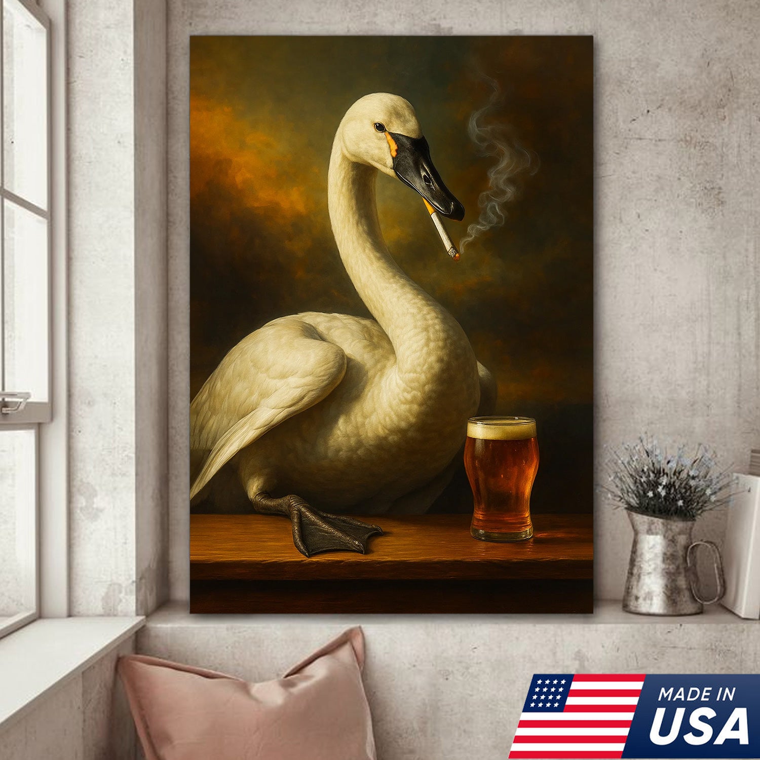 Rustic Tundra Swan Canvas Wall Art – Elegant Wildlife Bar Scene with Beer – Hunting Cabin Lodge Decor