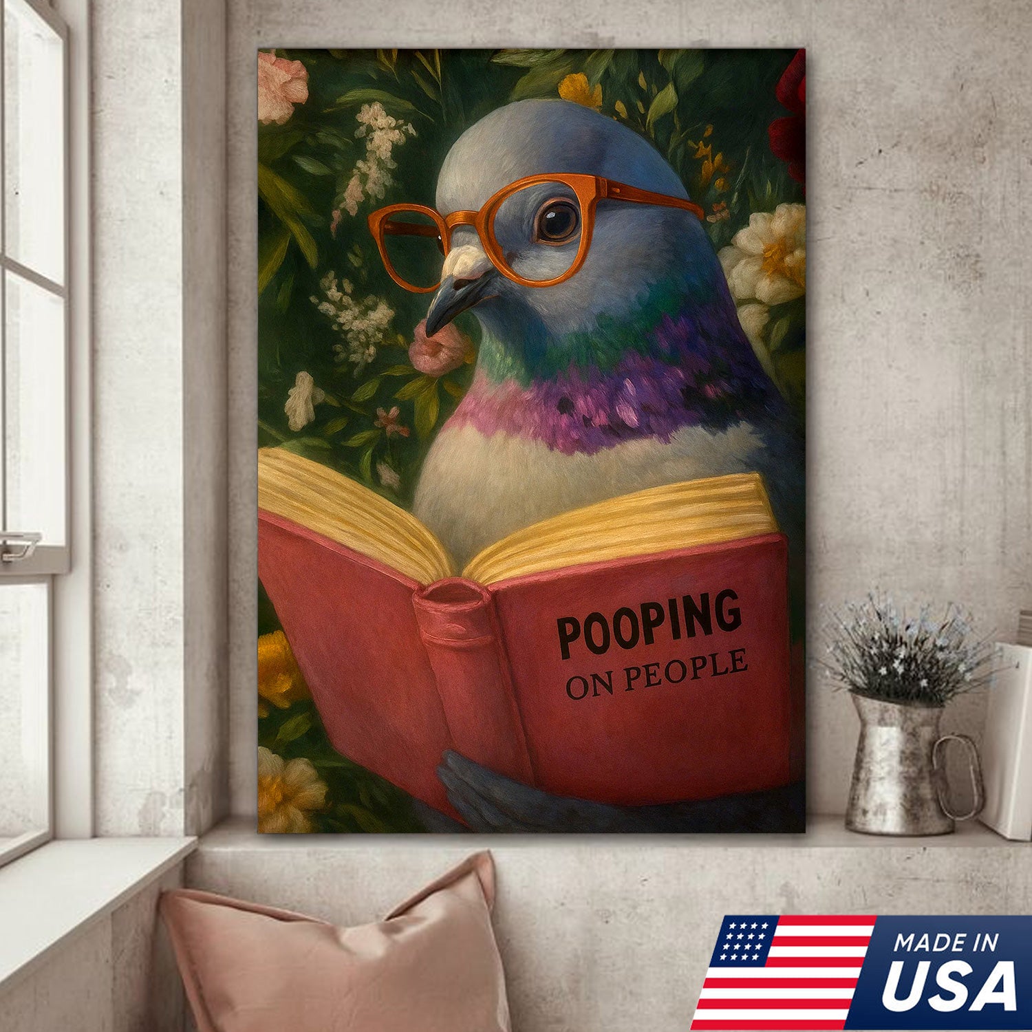 Funny Pigeon Canvas Wall Art - Reading Bird with Glasses Design - Quirky Animal Artwork for Home Decor