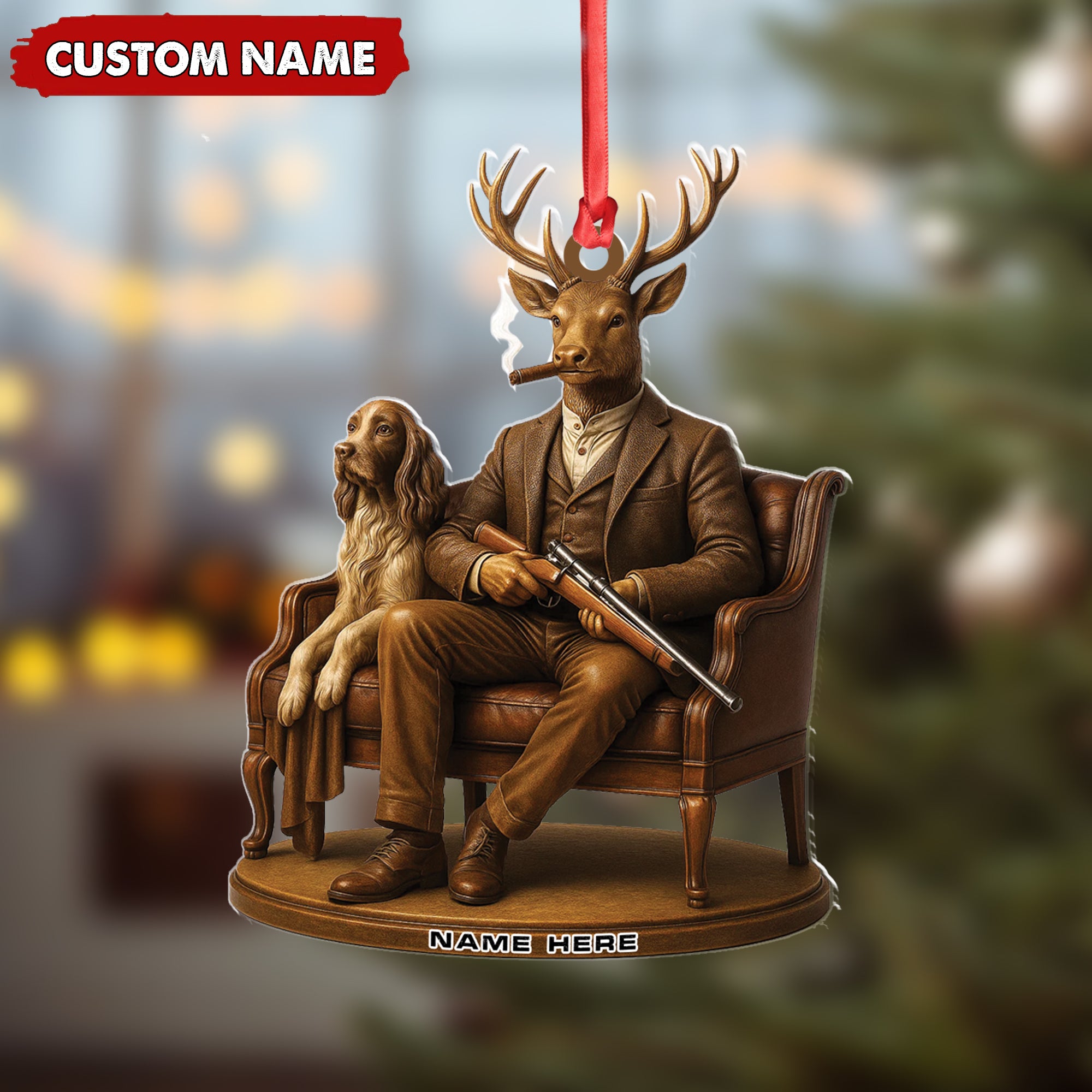 Personalized Acrylic Deer Christmas Ornament – Elegant Hunter Buck with Dog Holding Rifle Holiday Decor