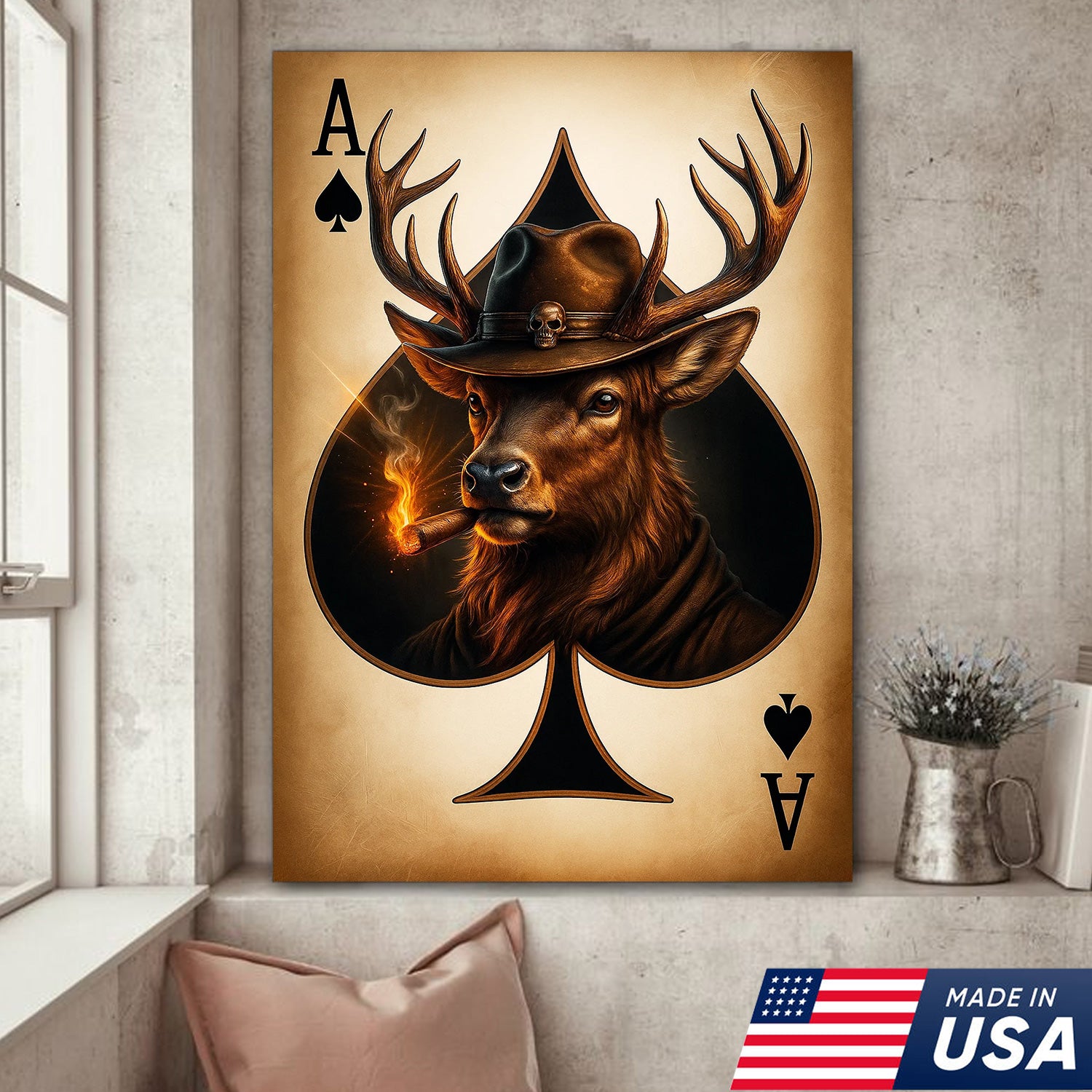 Wild West Ace of Spades Canvas Wall Art – Cowboy Deer with Hat – Rustic Hunting Cabin Decor