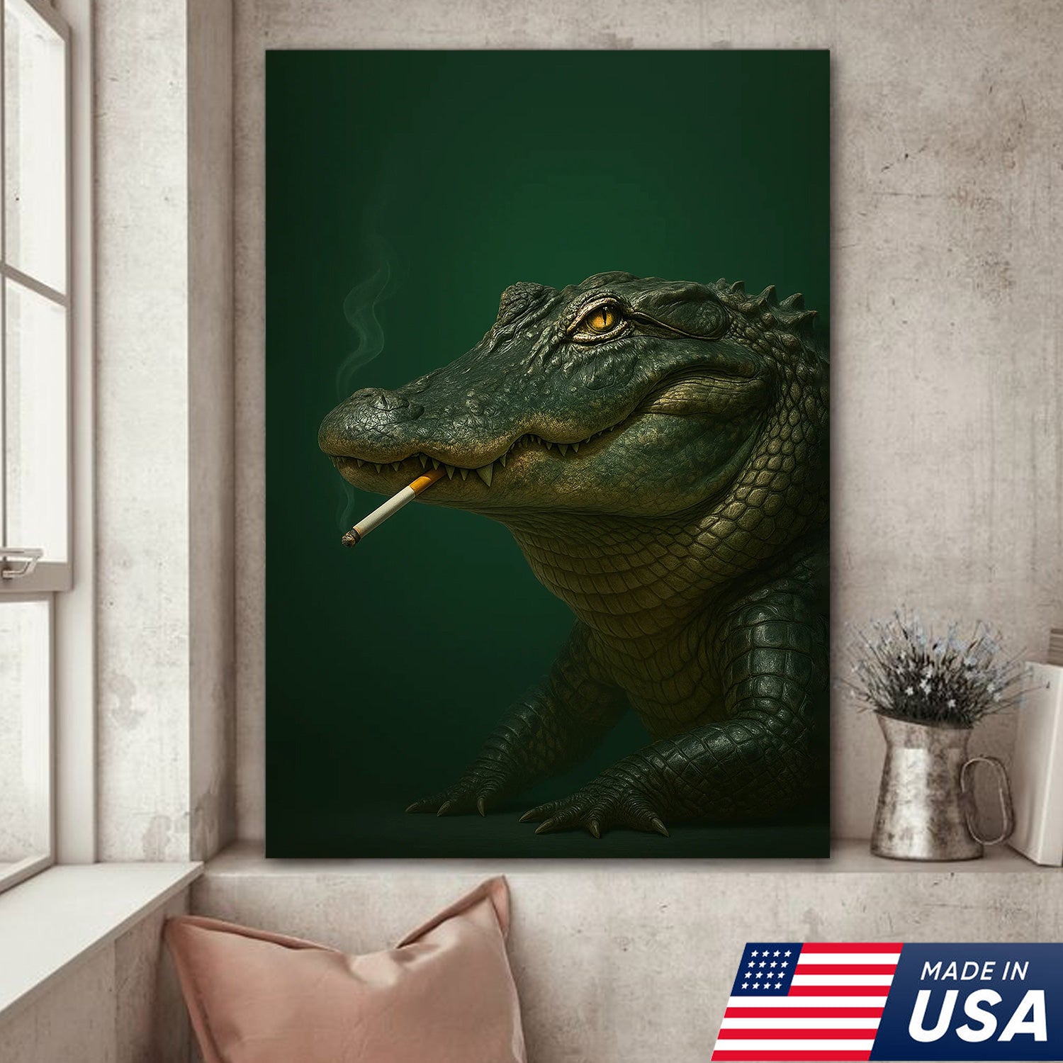 Alligator Wall Art Canvas - Rustic Wildlife Home Decor - Unique Hunting Lodge Artwork