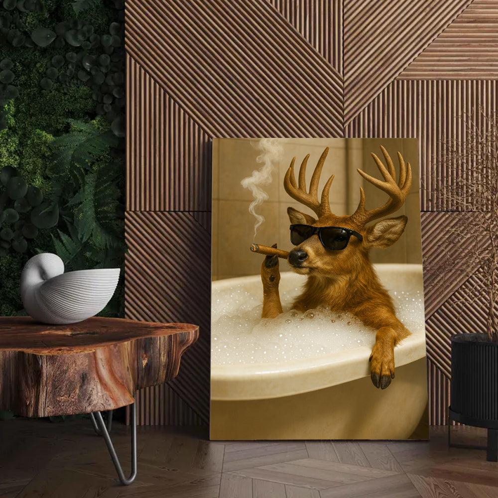 Funny Deer in Bathtub Canvas – Retro Animal Art Print with SunGlasses and Smoking for Unique Wall Decor