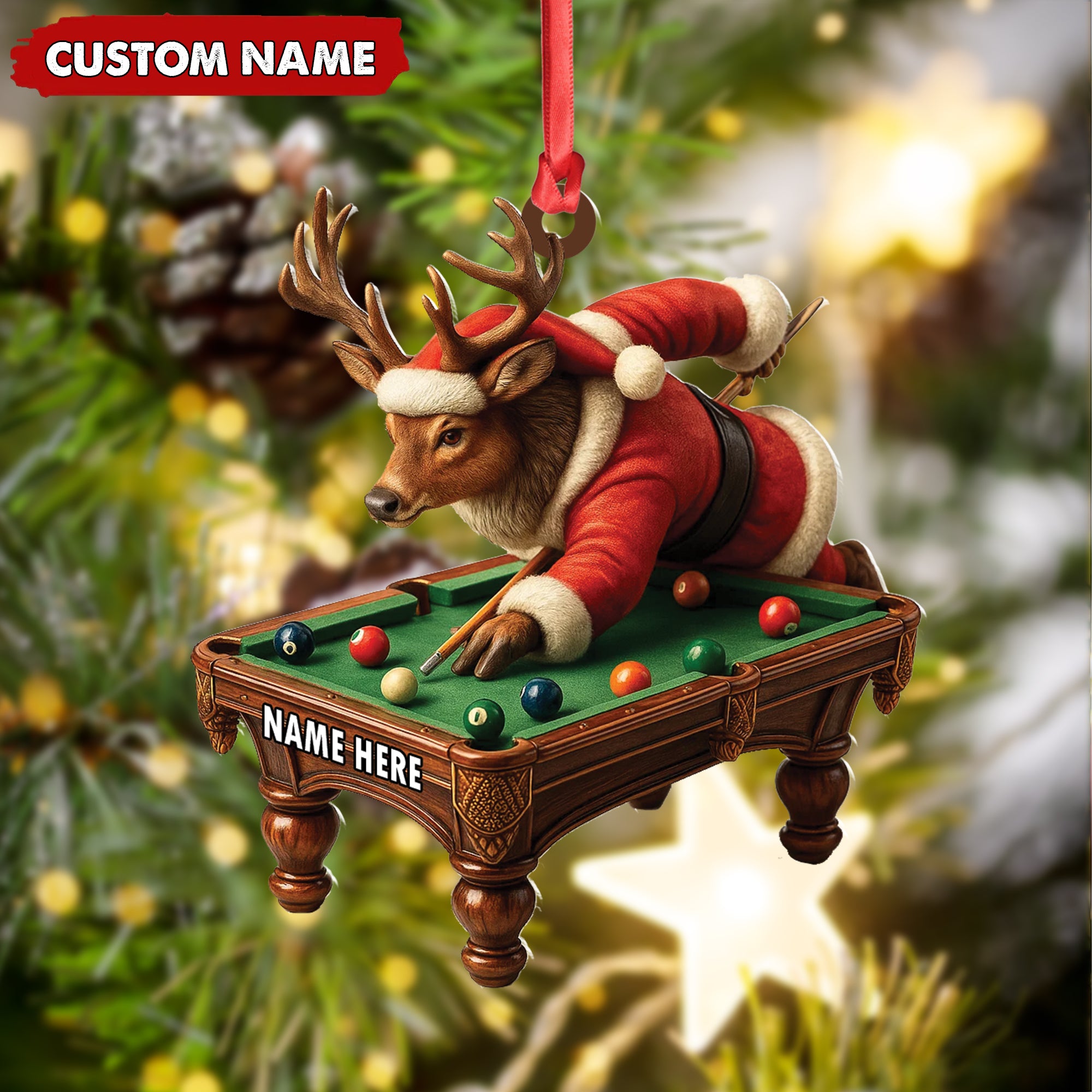 Personalized Acrylic Deer Christmas Ornament – Funny Buck Playing Pool in Santa Outfit Holiday Decor