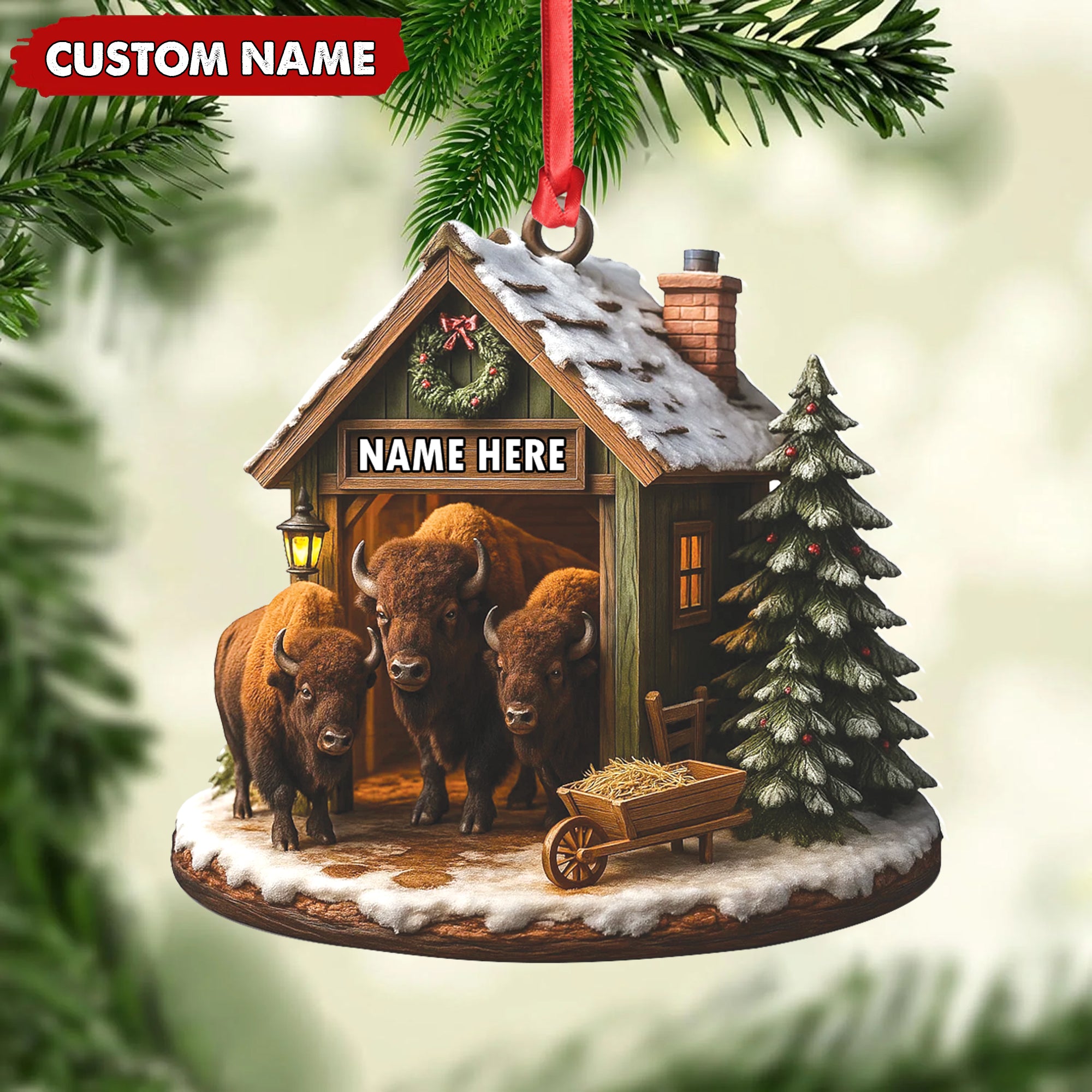 Personalized Acrylic Bison Christmas Ornament – Custom Buffalo Barn Holiday Decor