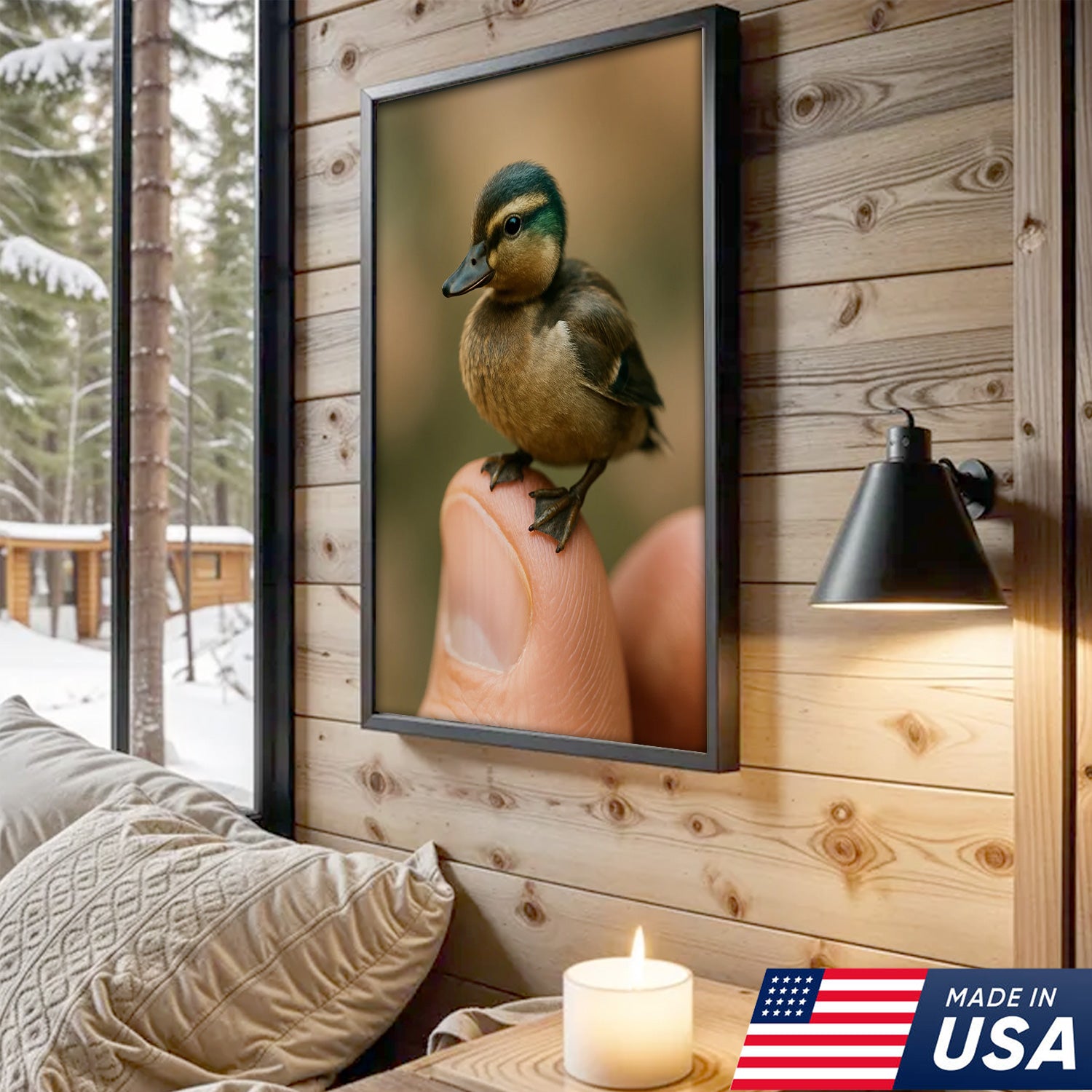 Cute Baby Duck Canvas Wall Art - Adorable Duckling Perched on Finger - Nature Wildlife Artwork for Home Decor
