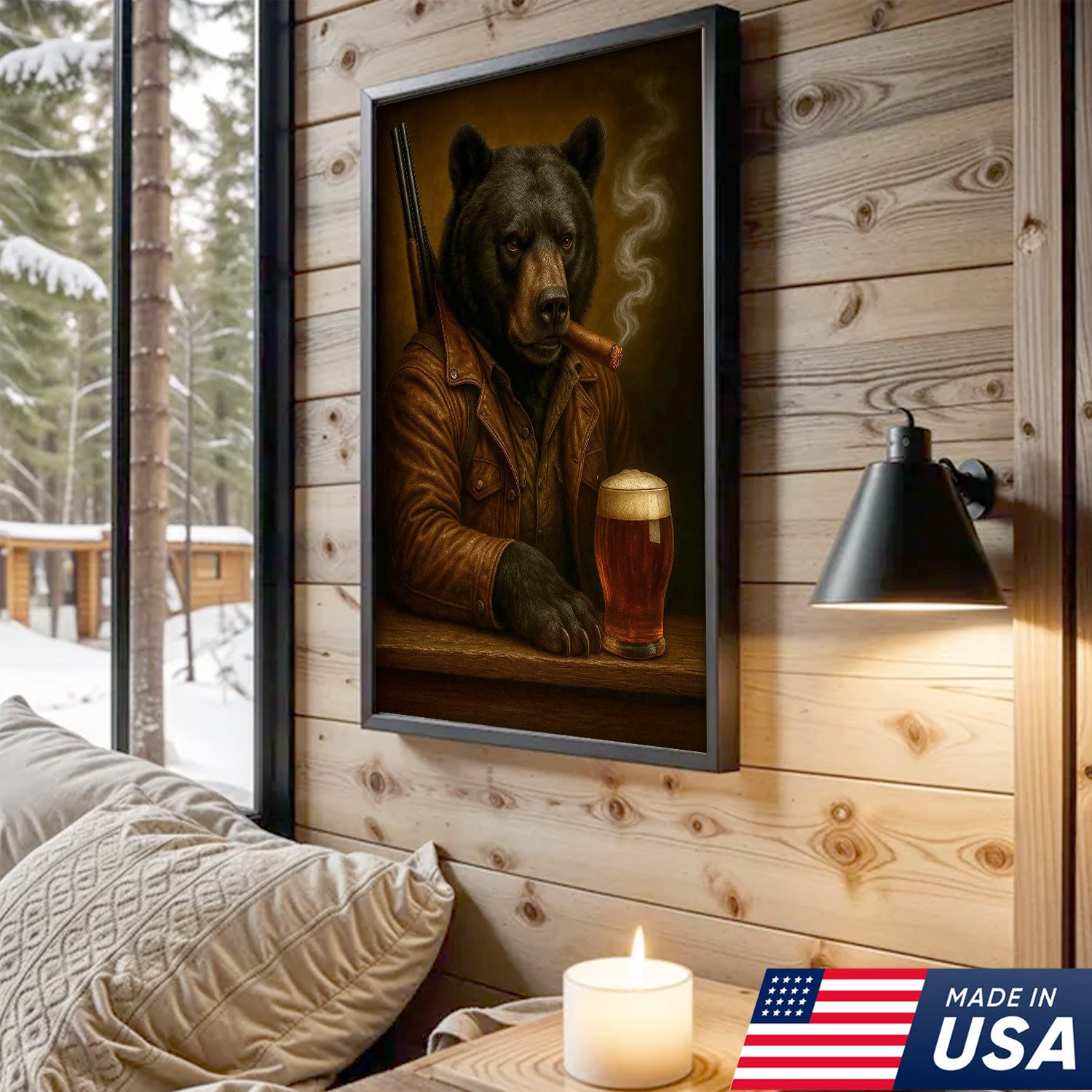 Black Bear Canvas Wall Art – Surreal Hunter Portrait with Beer Glass, Rustic Lodge Decor