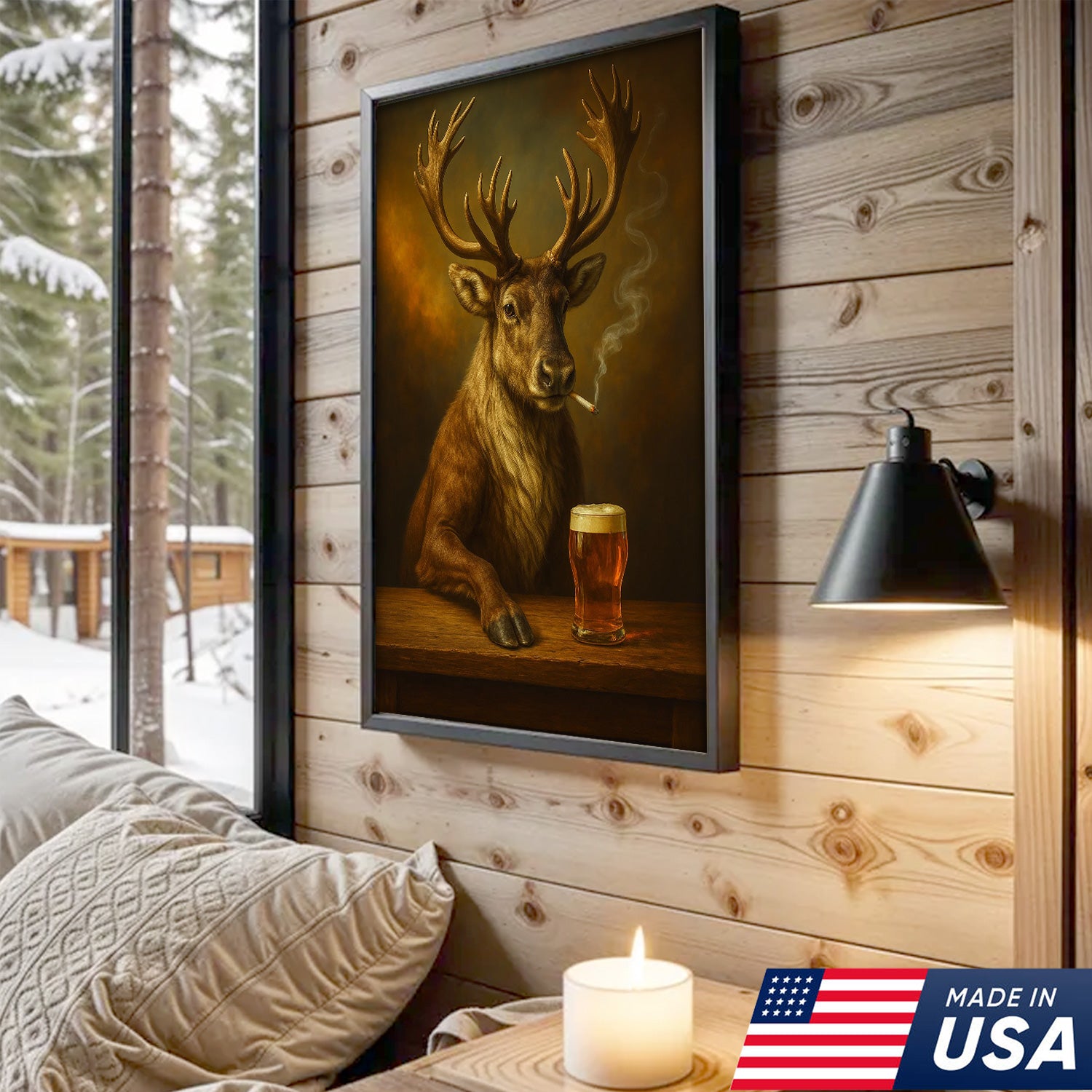 Rustic Caribou Canvas Wall Art – Majestic Caribou with Beer Glass – Hunting Cabin Lodge Decor