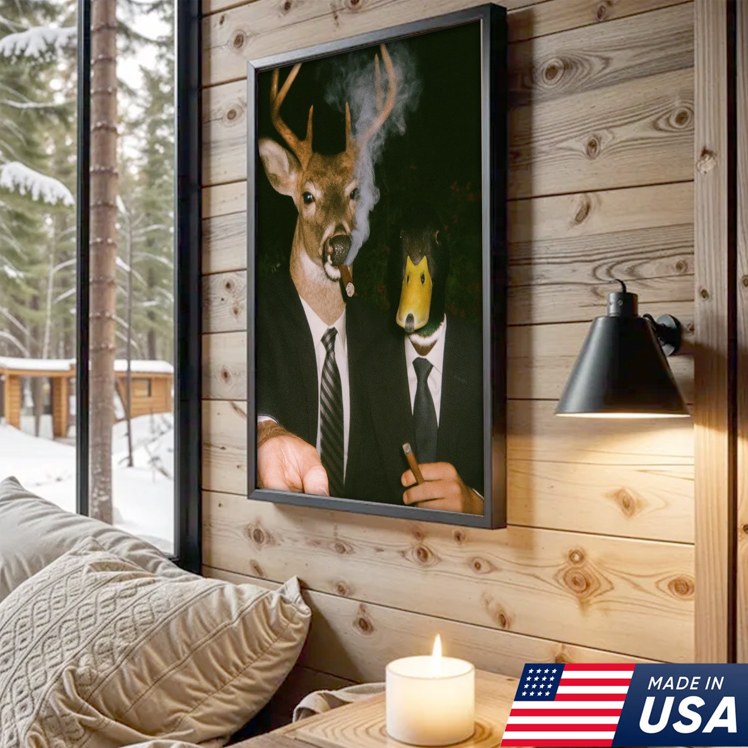 Funny Deer and Duck Canvas Wall Art - Hilarious Animal Duo in Suits - Unique Wildlife Artwork for Home Decor