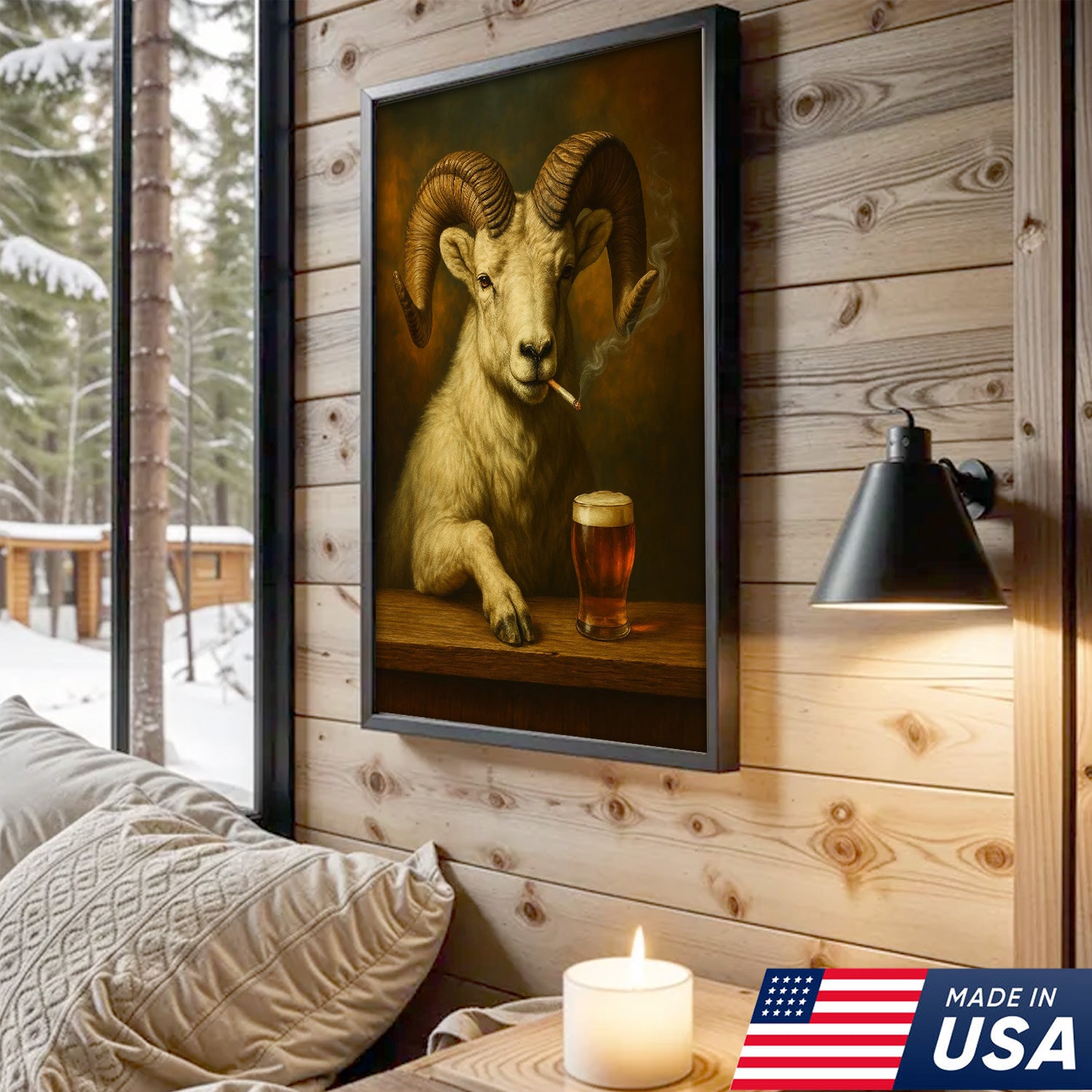 Rustic Dall Sheep Canvas Wall Art – Majestic Mountain Sheep with Beer Glass – Hunting Cabin Lodge Decor