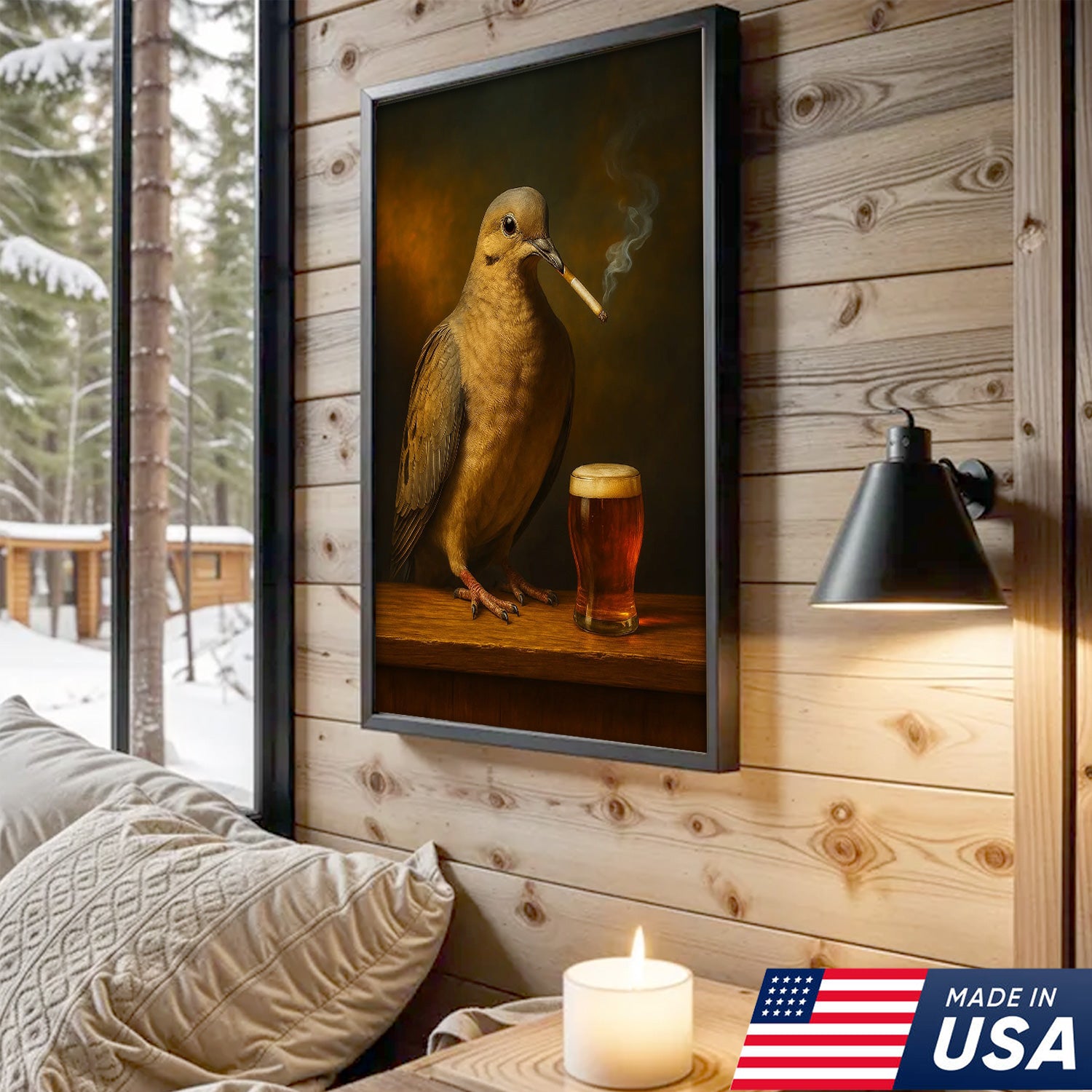 Rustic Mourning Dove Canvas Wall Art – Unique Wildlife Bar Scene with Beer – Hunting Cabin Lodge Decor