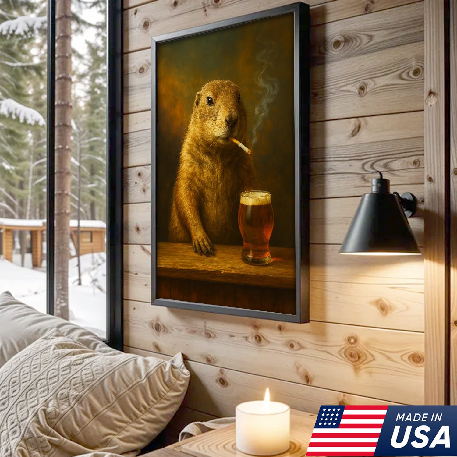 Rustic Prairie Dog Canvas Wall Art – Funny Wildlife Bar Scene with Beer – Hunting Cabin Lodge Decor