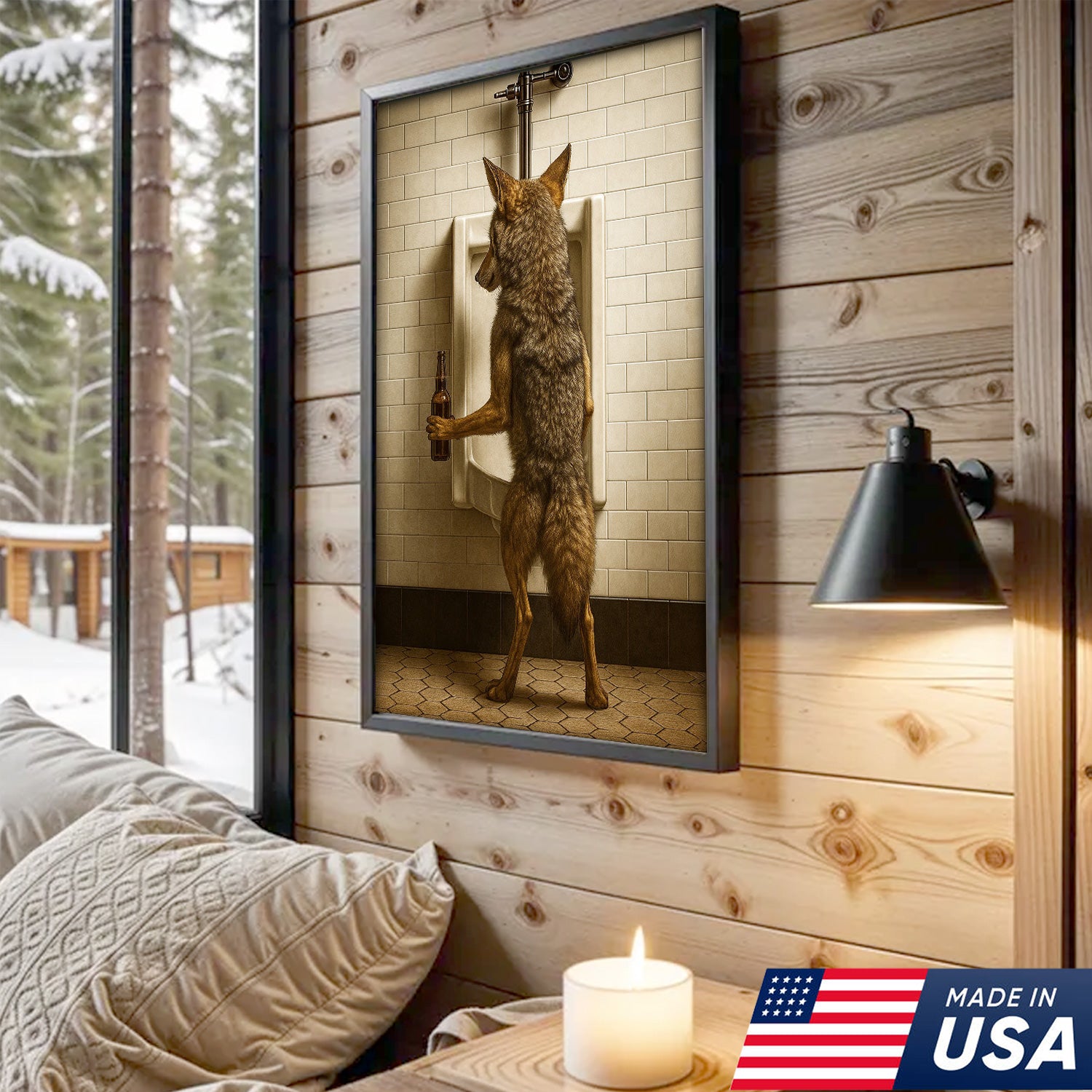 Hilarious Coyote Canvas Wall Art – Funny Bathroom Humor Decor – Rustic Hunting Cabin Gag Gift – Quirky Lodge Animal Artwork