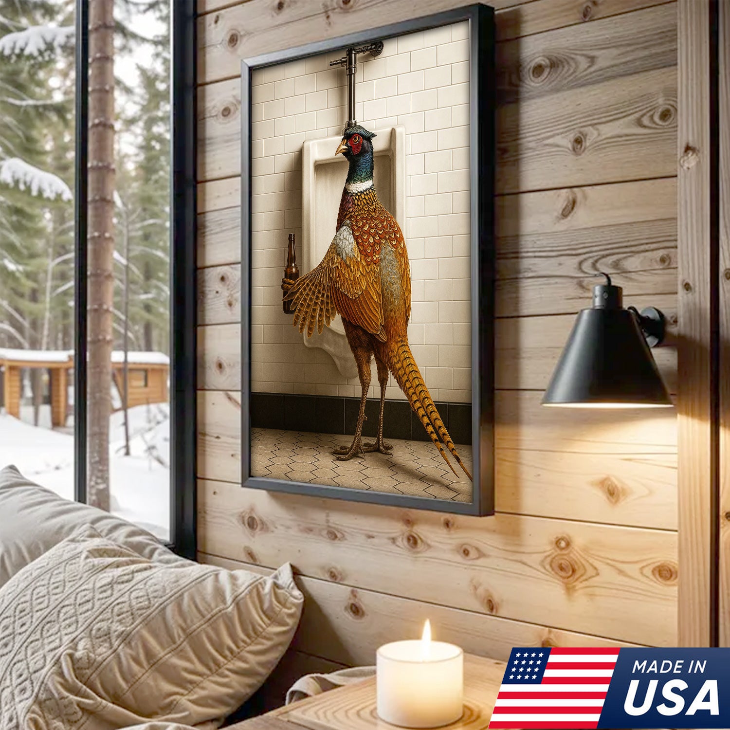 Funny Pheasant Canvas Wall Art – Hilarious Bathroom Humor Decor – Rustic Hunting Cabin Gag Gift – Quirky Lodge Animal Artwork