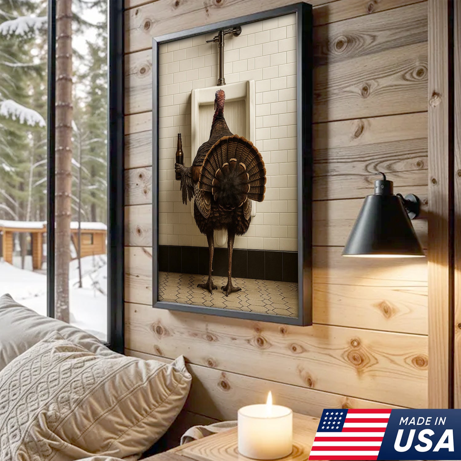 Hilarious Turkey Canvas Wall Art – Funny Bathroom Humor Decor – Rustic Hunting Cabin Gag Gift – Quirky Lodge Farmhouse Animal Artwork
