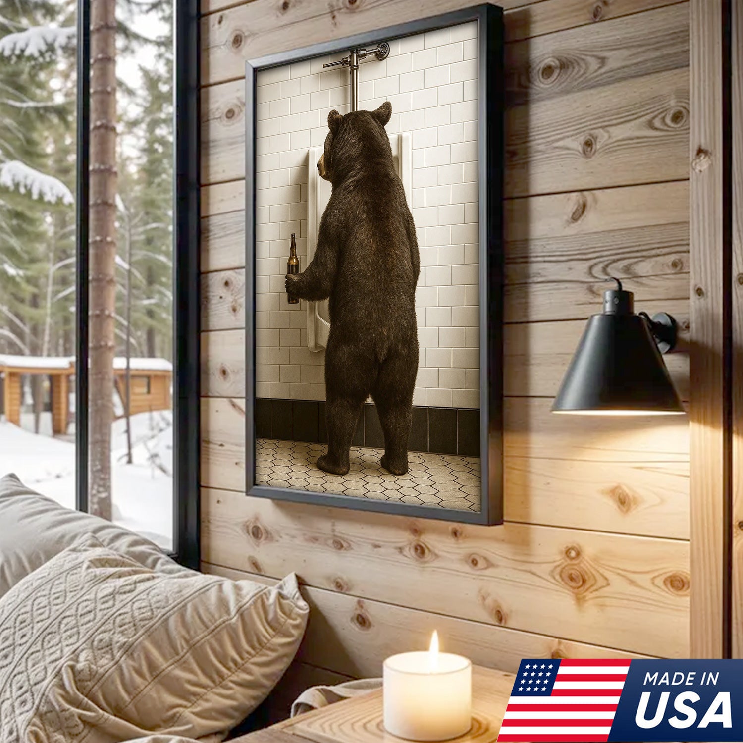 Funny Black Bear Canvas Wall Art – Hilarious Bathroom Humor Decor – Rustic Cabin Lodge Gag Gift – Quirky Hunting Camp Animal Artwork