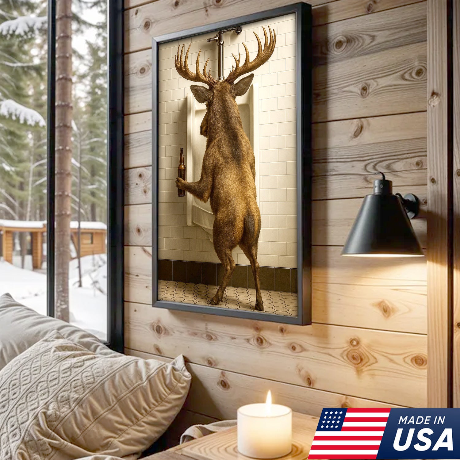 Funny Elk Canvas Wall Art - Rustic Bathroom Lodge Decor for Hunters - Unique Wildlife Cabin Print