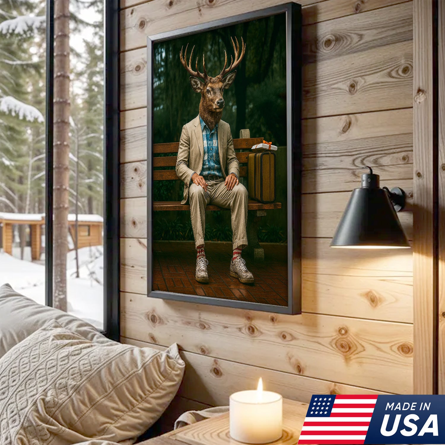 Funny Deer Canvas Wall Art – Buck Sitting on Bench – Whitetail Deer Hunting Lodge Decor