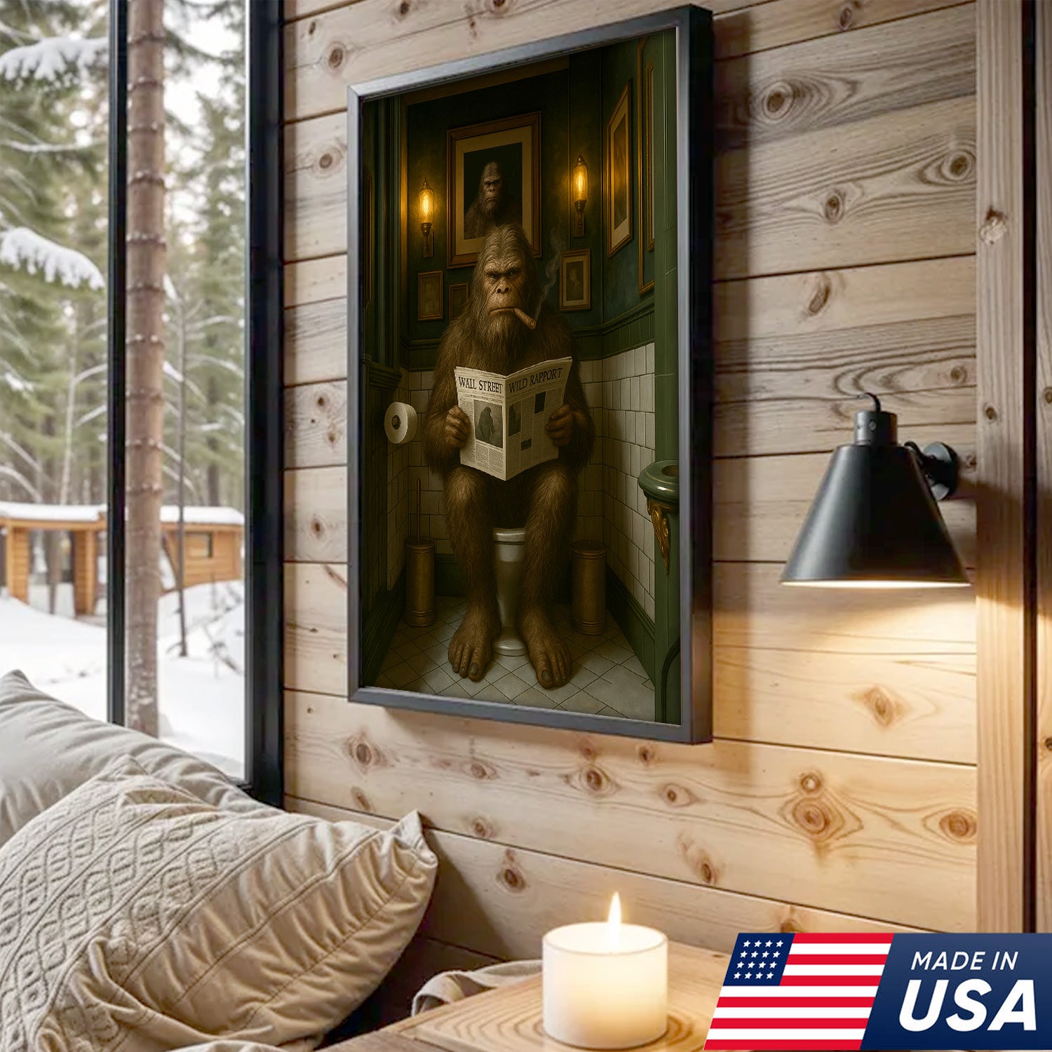 Funny Bigfoot Bathroom Wall Art – Rustic Hunting Cabin Toilet Humor Canvas Decor