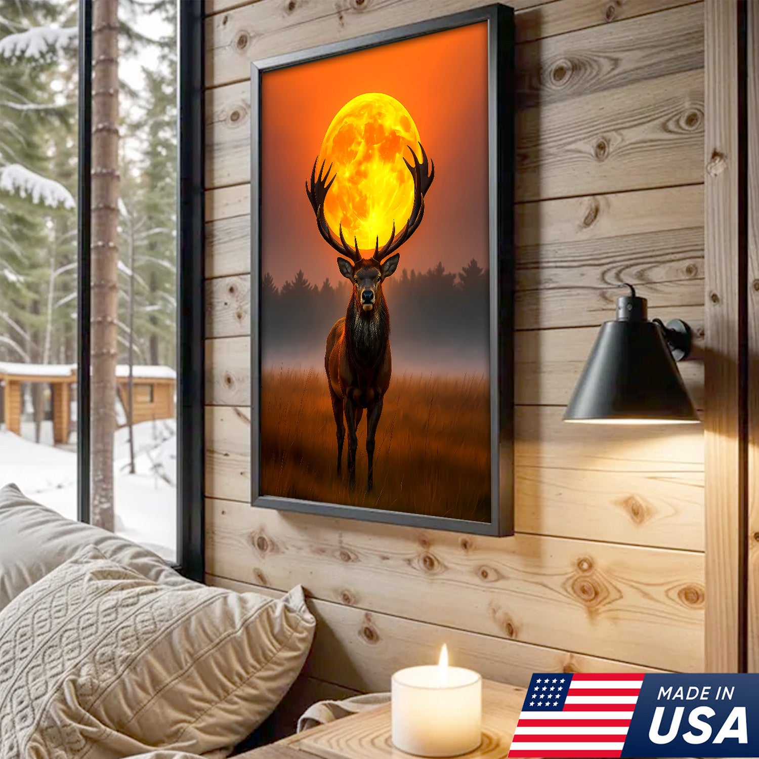 Majestic Elk Full Moon Canvas Wall Art – Hunting Cabin Decor Gift for Hunters