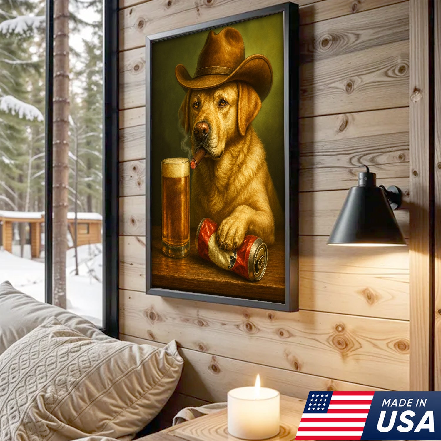 Funny Cowboy Dog Wall Art – Funny Beer & Smoking Canvas For Hunters, Bar & Man Cave Decor