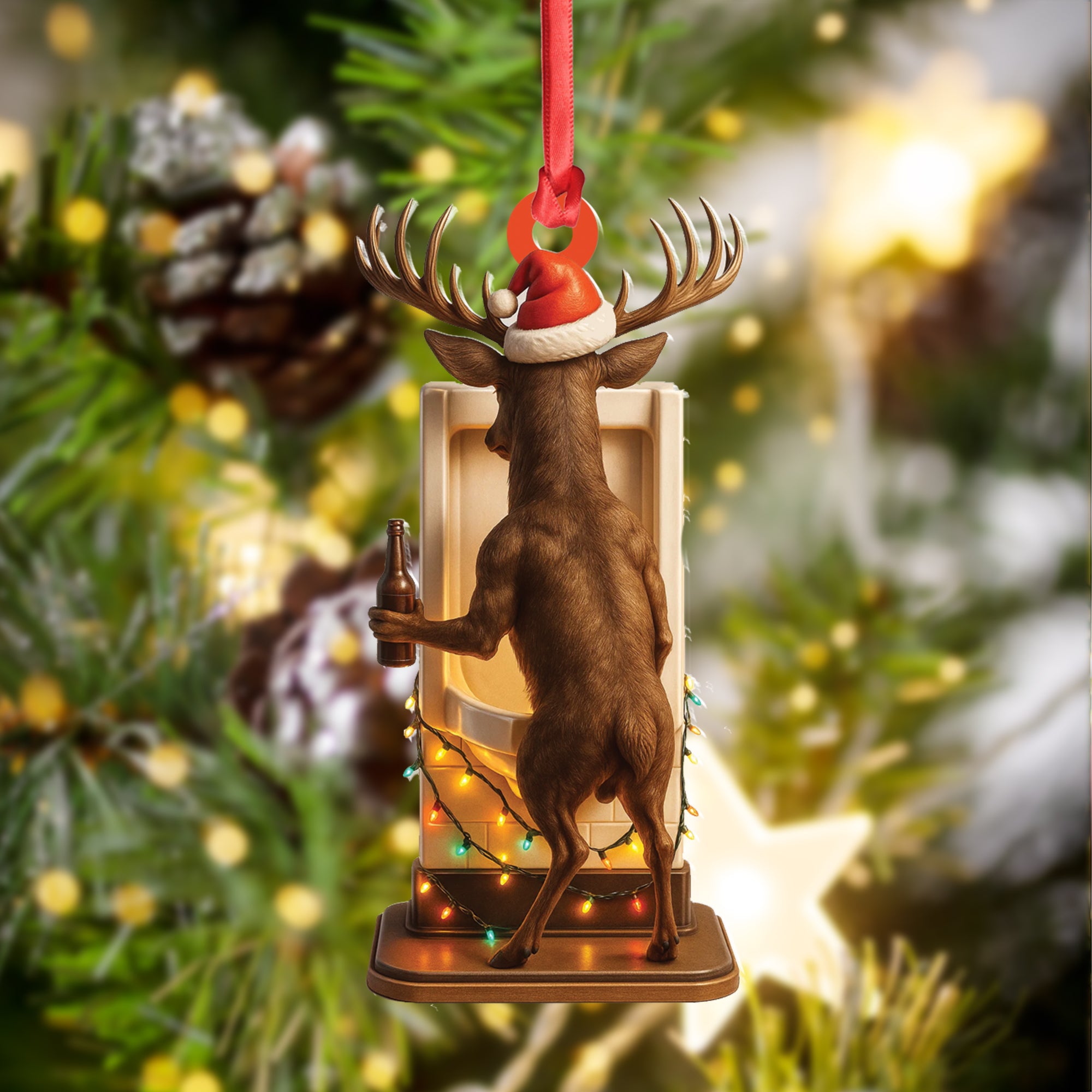 Personalized Acrylic Deer Christmas Ornament – Funny Buck with Santa Hat Drinking Beer by Urinal Holiday Decor