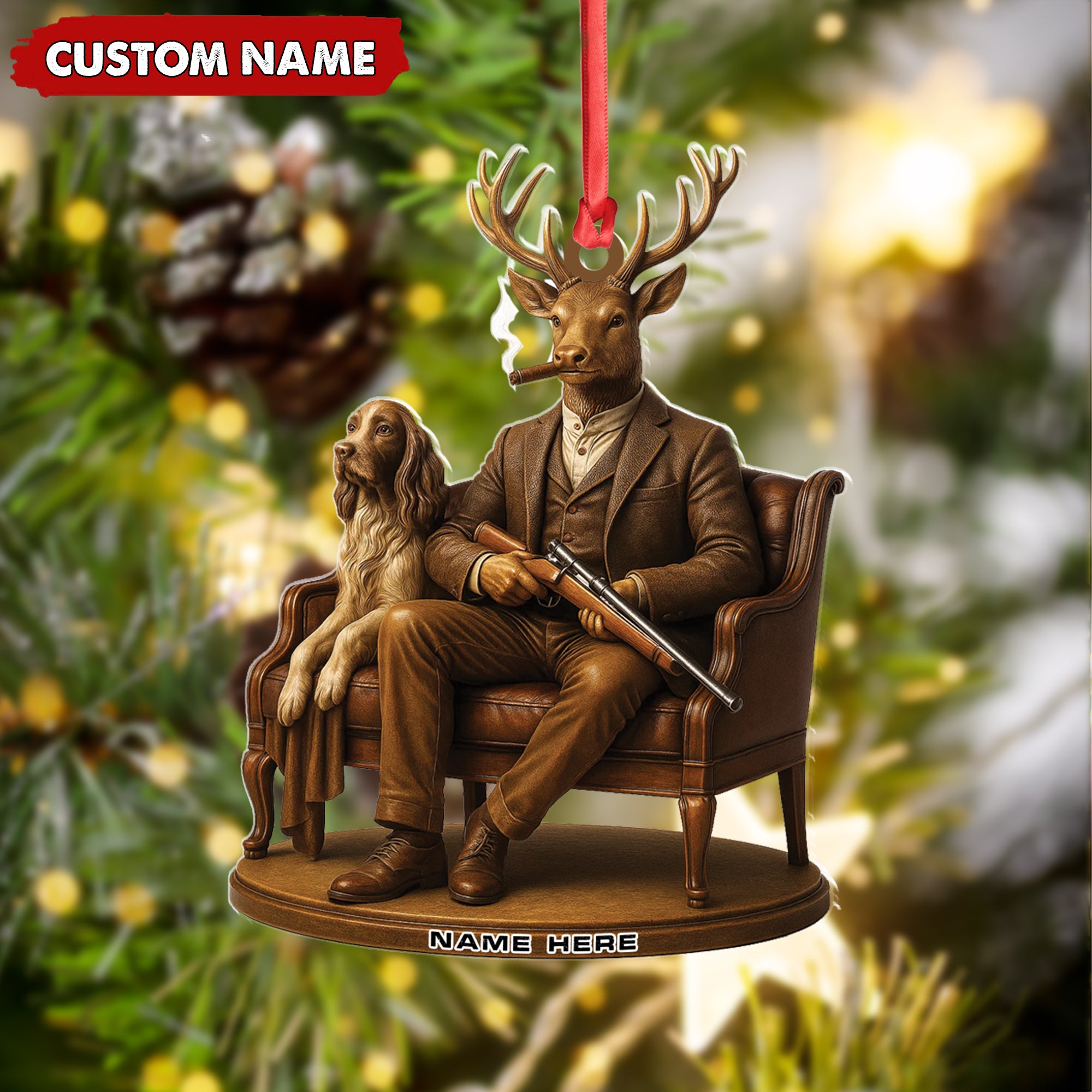 Personalized Acrylic Deer Christmas Ornament – Elegant Hunter Buck with Dog Holding Rifle Holiday Decor