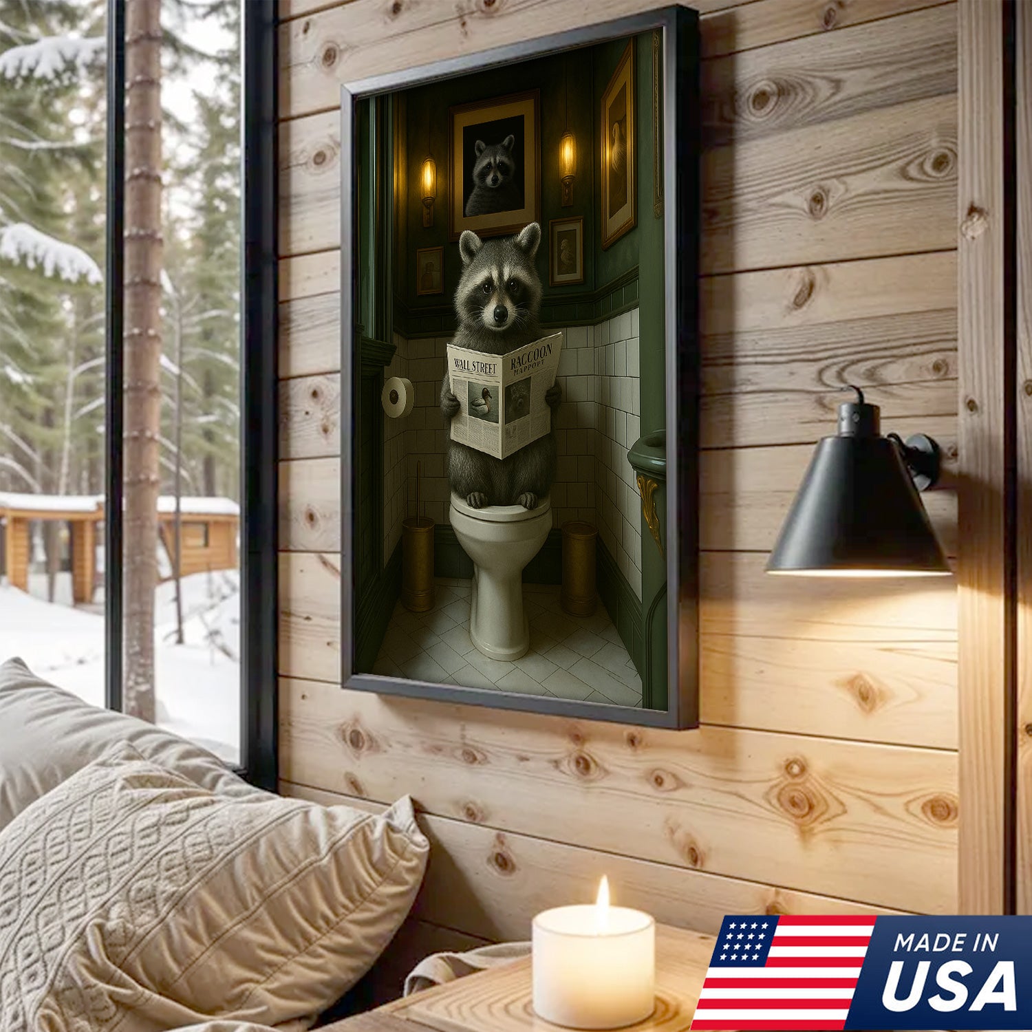 Funny Raccoon Bathroom Wall Art – Rustic Toilet Humor Cabin Canvas Decor, Gifts for Outdoorman