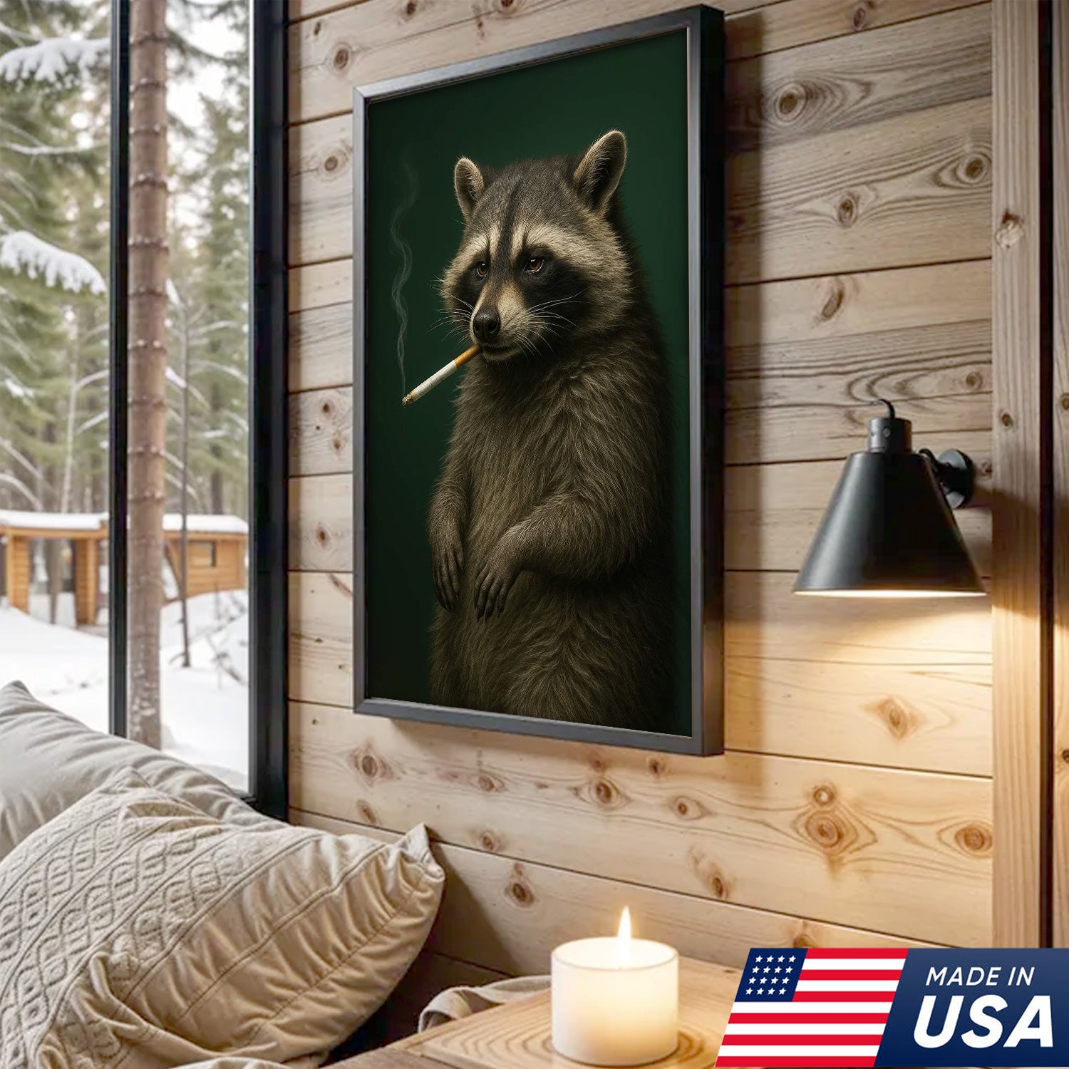 Raccoon Canvas Wall Art – Woodland Animal Print – Rustic Lodge and Cabin Wall Decor
