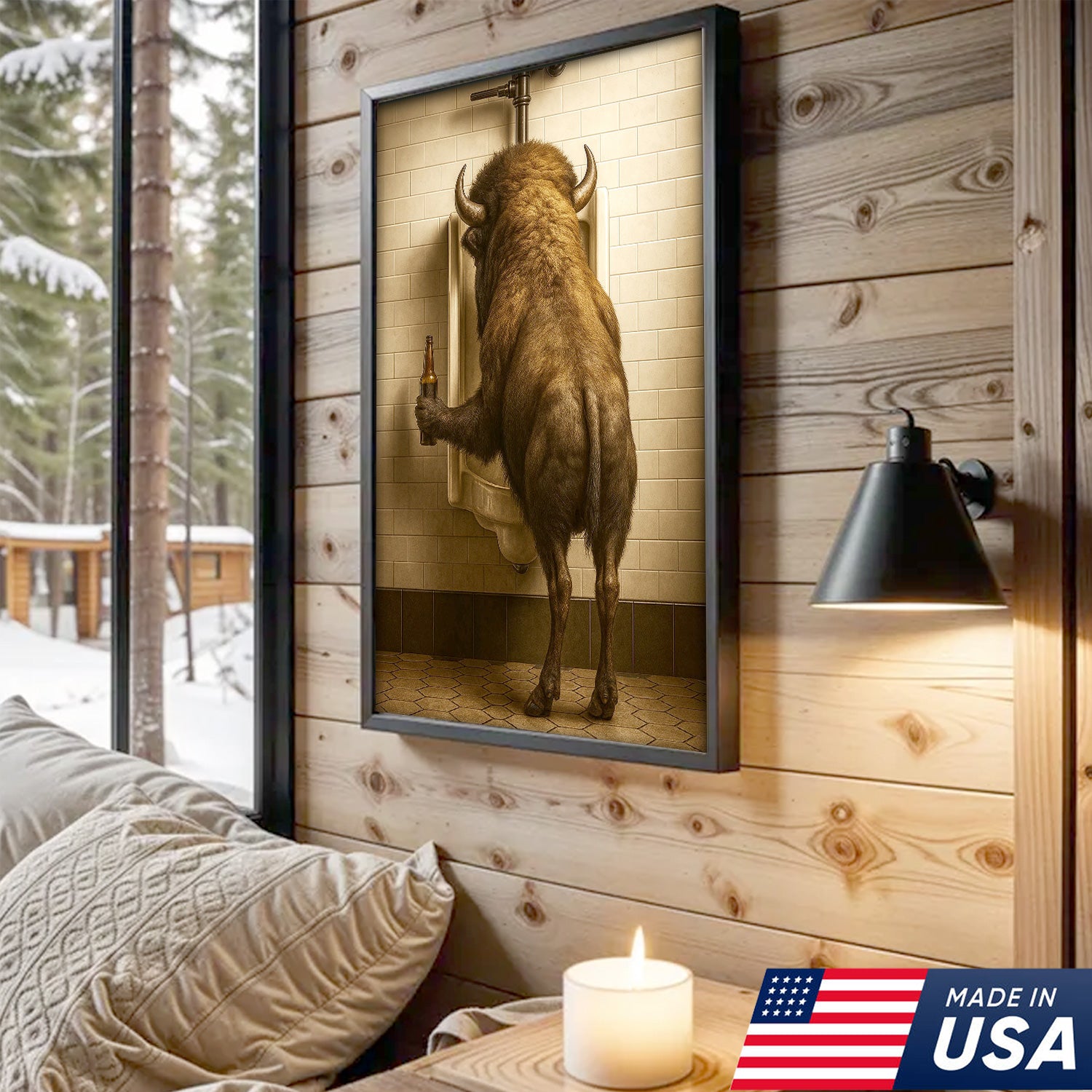 Funny Bison Canvas Wall Art - Rustic Bathroom Lodge Decor for Hunters - Unique Wildlife Cabin Print