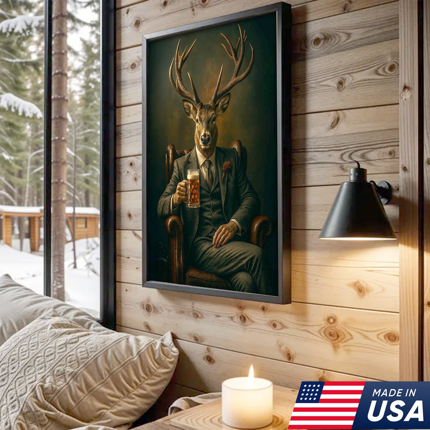 Deer Canvas Wall Art – Sophisticated Buck in Suit Holding Beer Rustic Lodge Decor for Hunters