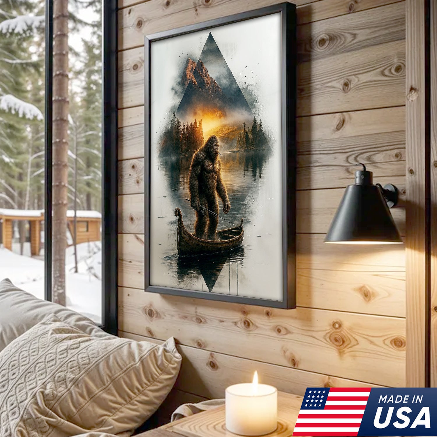 Bigfoot Fishing On Wooden Boat Adventure Canvas Wall Art – Mysterious Forest Lake Decor – Rustic Cabin & Lodge Artwork