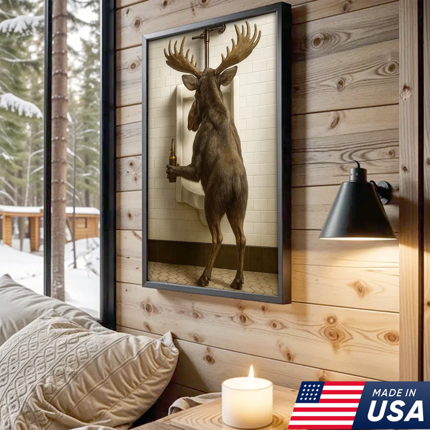 Moose Bathroom Canvas Wall Art - Funny Rustic Lodge Decor for Cabin and Hunting Enthusiasts - Wildlife Humor Print