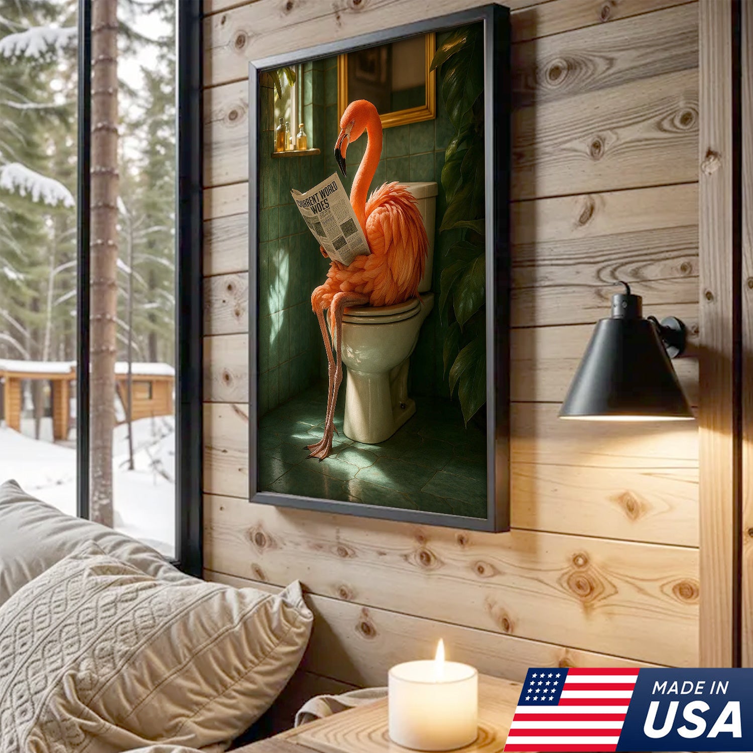 Funny Flamingo Bathroom Canvas Wall Art – Quirky Bird Reading Newspaper Print – Humorous Home Decor