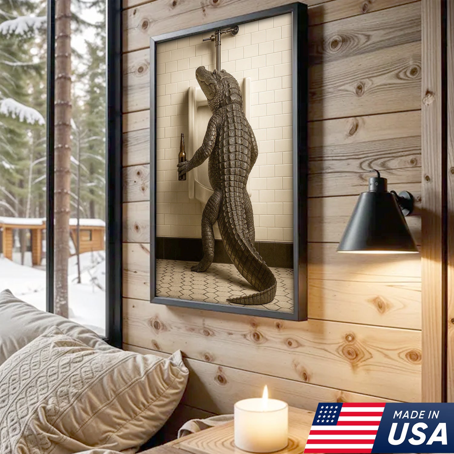 Alligator Bathroom Canvas Wall Art - Funny Rustic Lodge Decor for Cabin, Bar, and Wildlife Lovers - Unique Gator Print