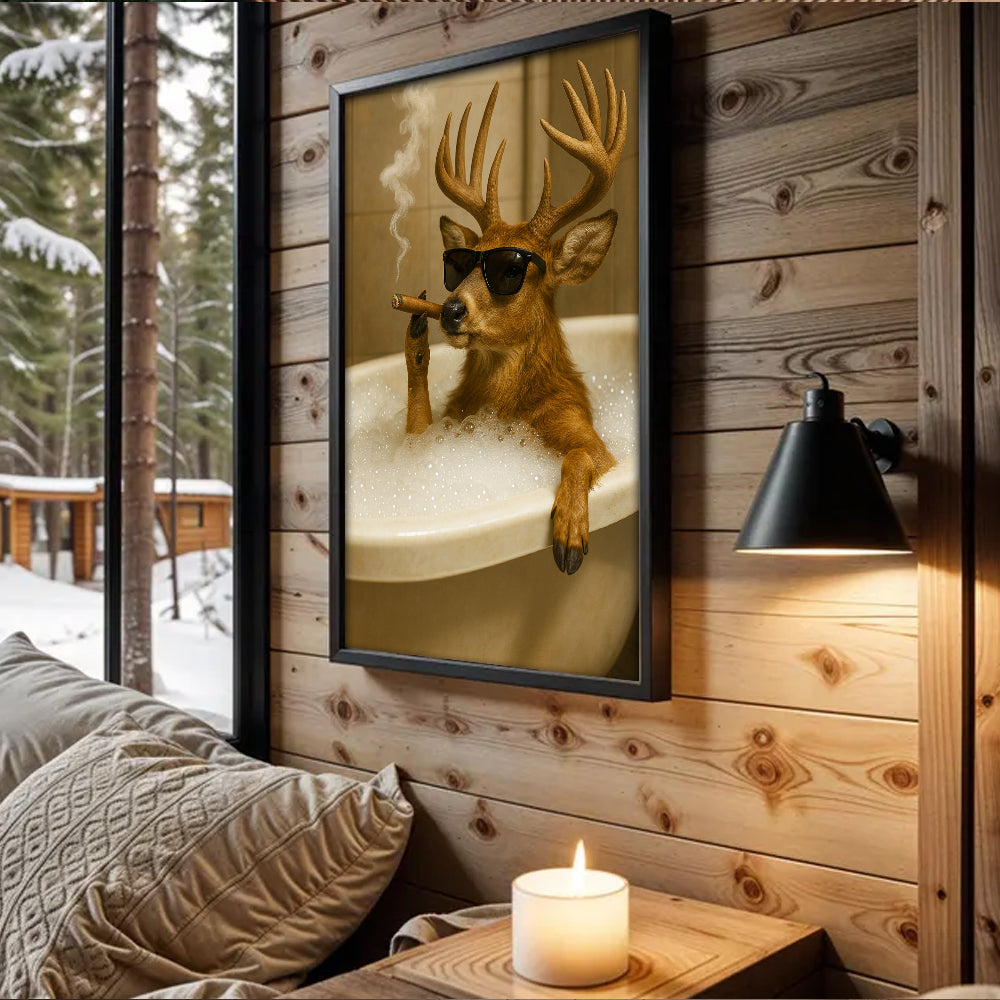 Funny Deer in Bathtub Canvas – Retro Animal Art Print with SunGlasses and Smoking for Unique Wall Decor