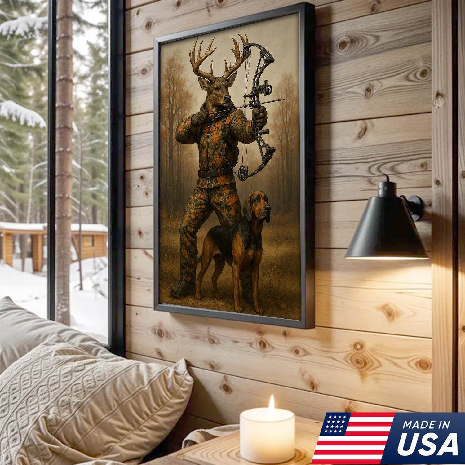 Whitetail Buck Bowhunter Canvas Wall Art – Deer Archer in Camo with Hound Dog – Archery Hunting Decor