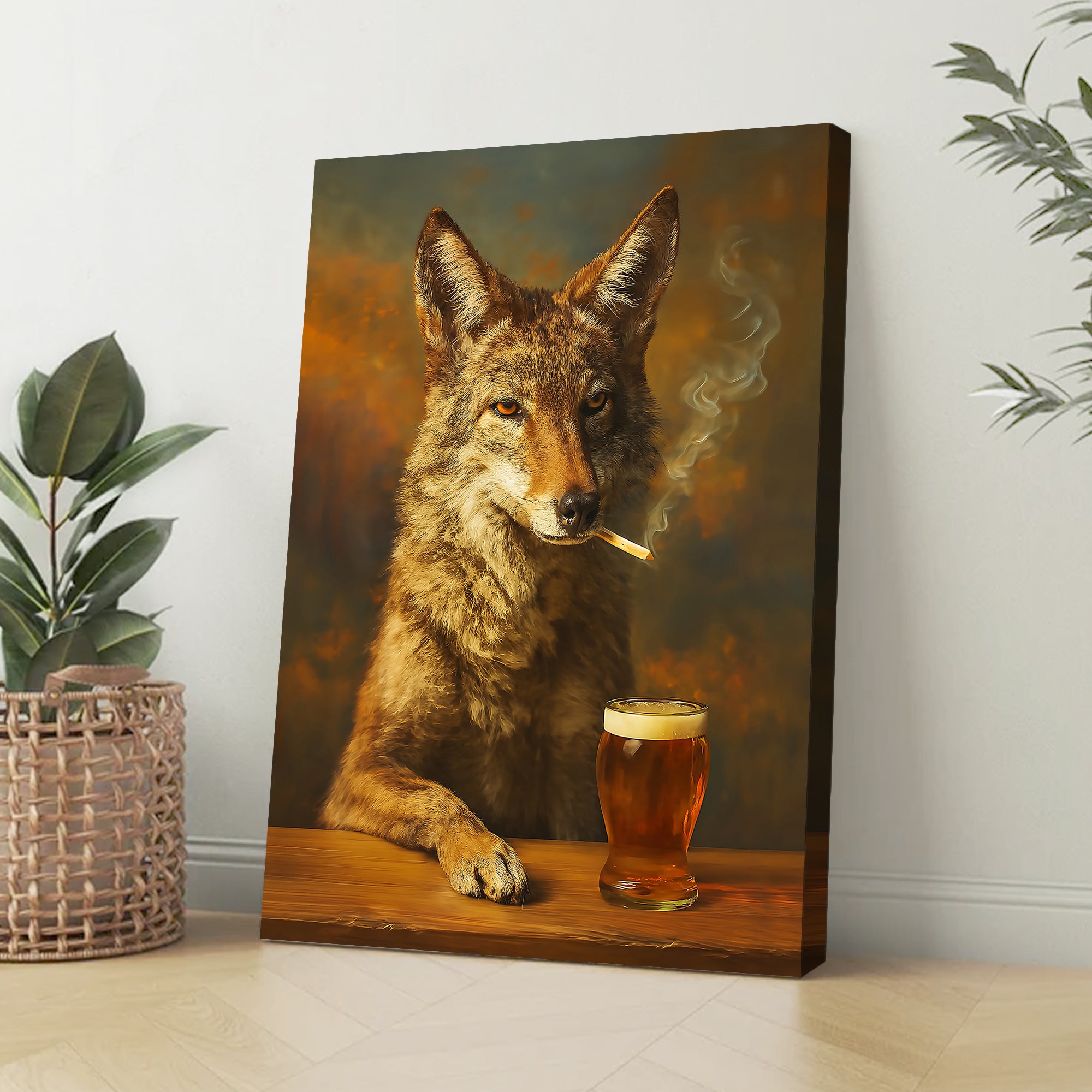 Smoking Wolf Coyote with Cocktail Glasses Canvas – Funny Hunting Wall Art for Man Caves - Hilarious Gift for Outdoorsmen