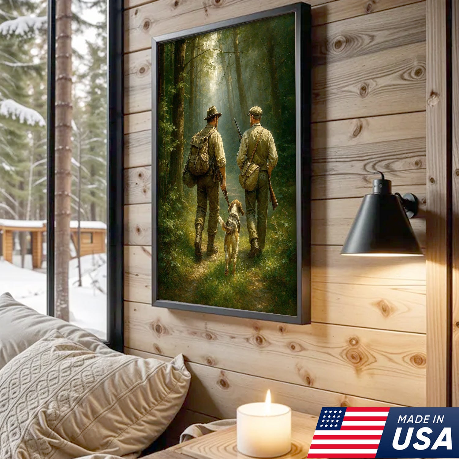 Hunting Canvas Wall Art – Hunters Walking with Dog in Forest – Rustic Cabin Decor for Lodge and Outdoor Enthusiasts