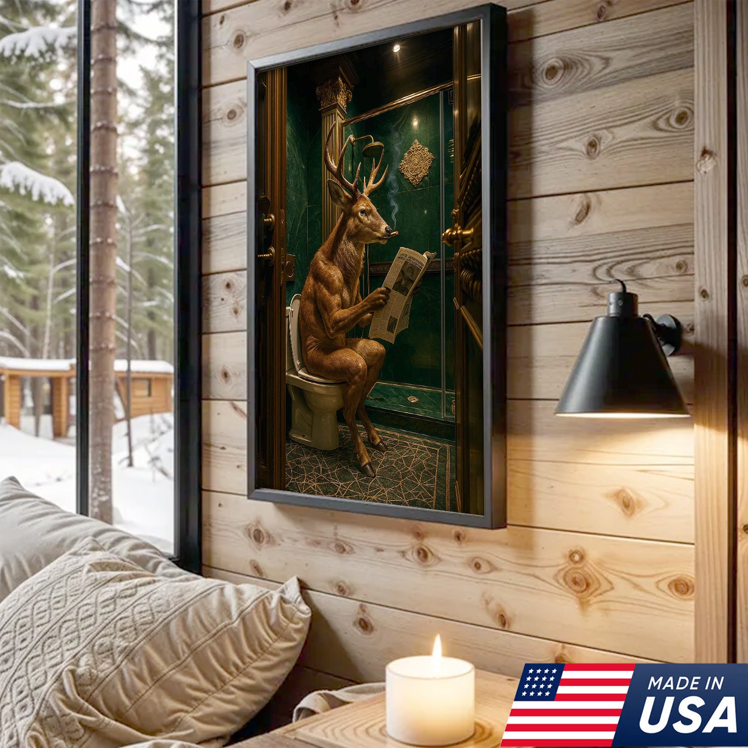 Funny Deer Canvas Wall Art - Anthropomorphic Deer Reading Newspaper in Bathroom, Surreal Animal Decor for Rustic & Modern Homes