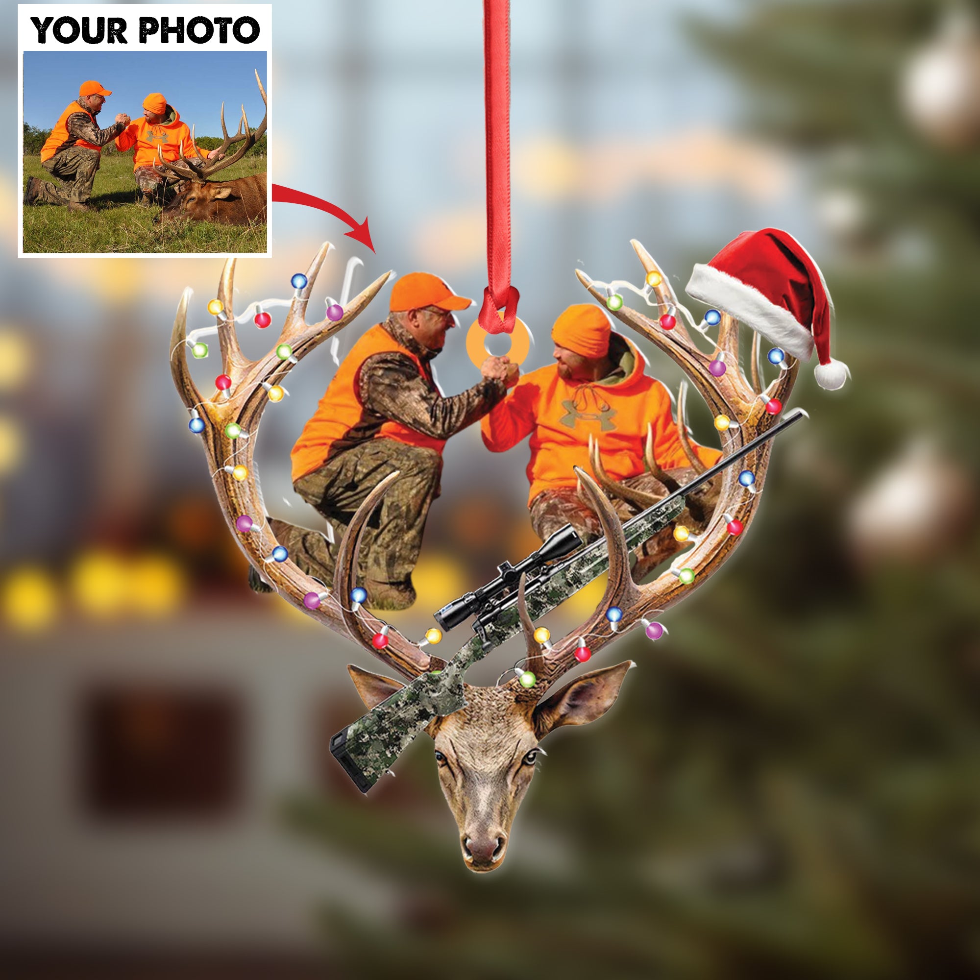 Personalized Hunting Aclyric Christmas Ornament – Custom Photo Deer Antler Gift for Hunters